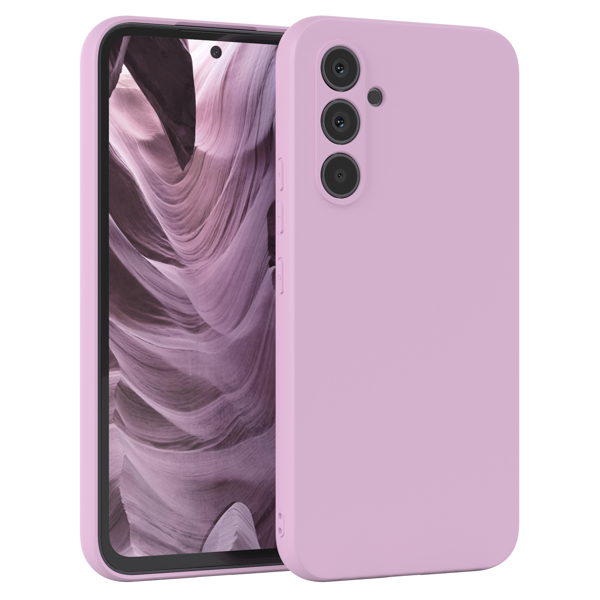 Rosa Handyhülle mit Telefon, das eine Wüstenlandschaft zeigt.