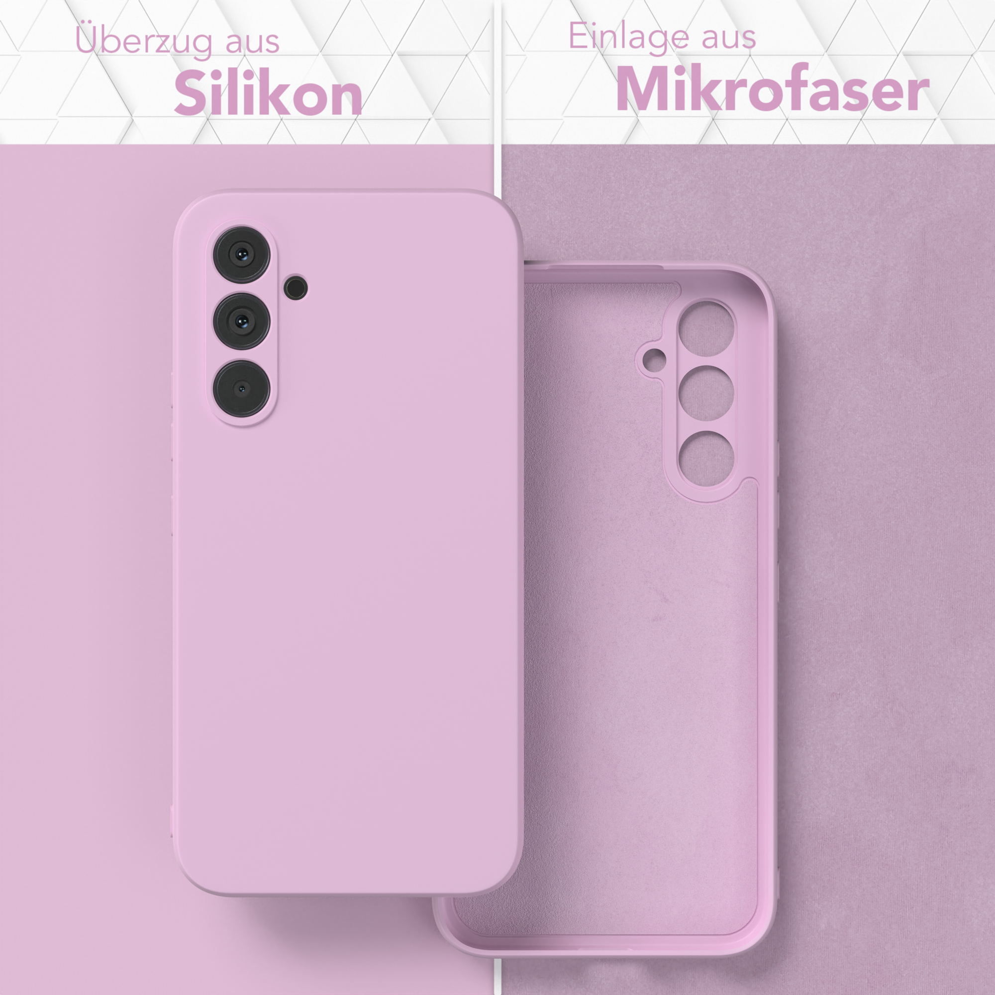 Zwei Handyhüllen, eine offen, zeigen eine rosa Silikonaußenseite und ein Mikrofaser-Innenleben.