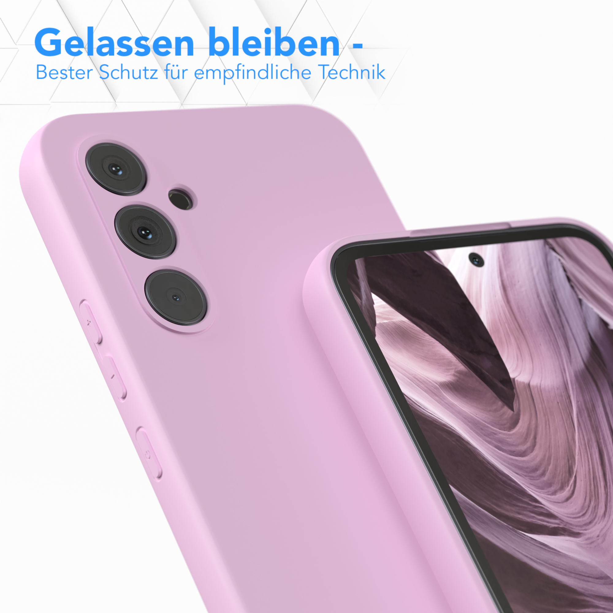 Eine rosa Handyhülle auf weißem Hintergrund, mit Nahaufnahme des Kamerabereichs und Text.