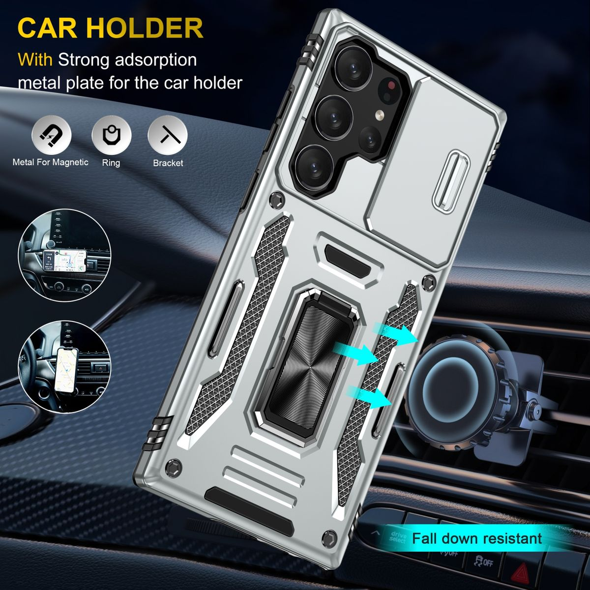 Silberne Handyhülle mit Metallplatte für eine Autohalterung, Pfeile zeigen auf die Halterung, Text Fall down resistant.