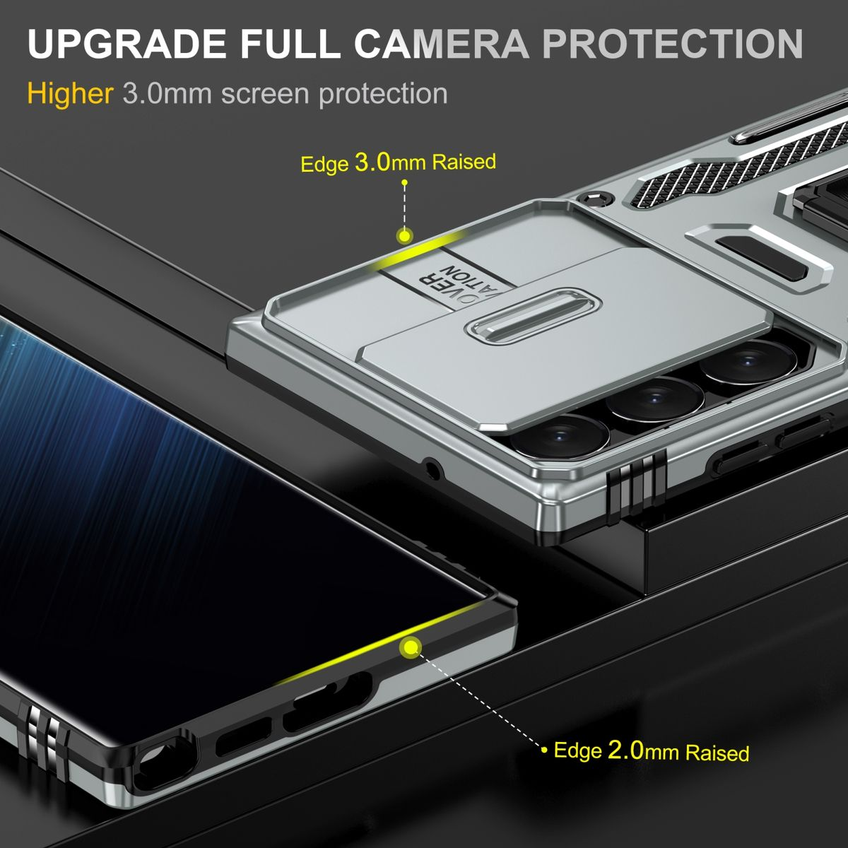 Handyhülle mit erhöhten Kanten, silberne Farbe. Text: 'UPGRADE FULL CAMERA PROTECTION'.