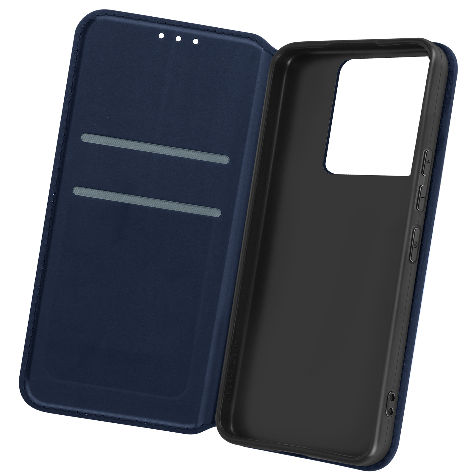 Custodia blu per telefono aperta, con fessure per carte. Interno nero.