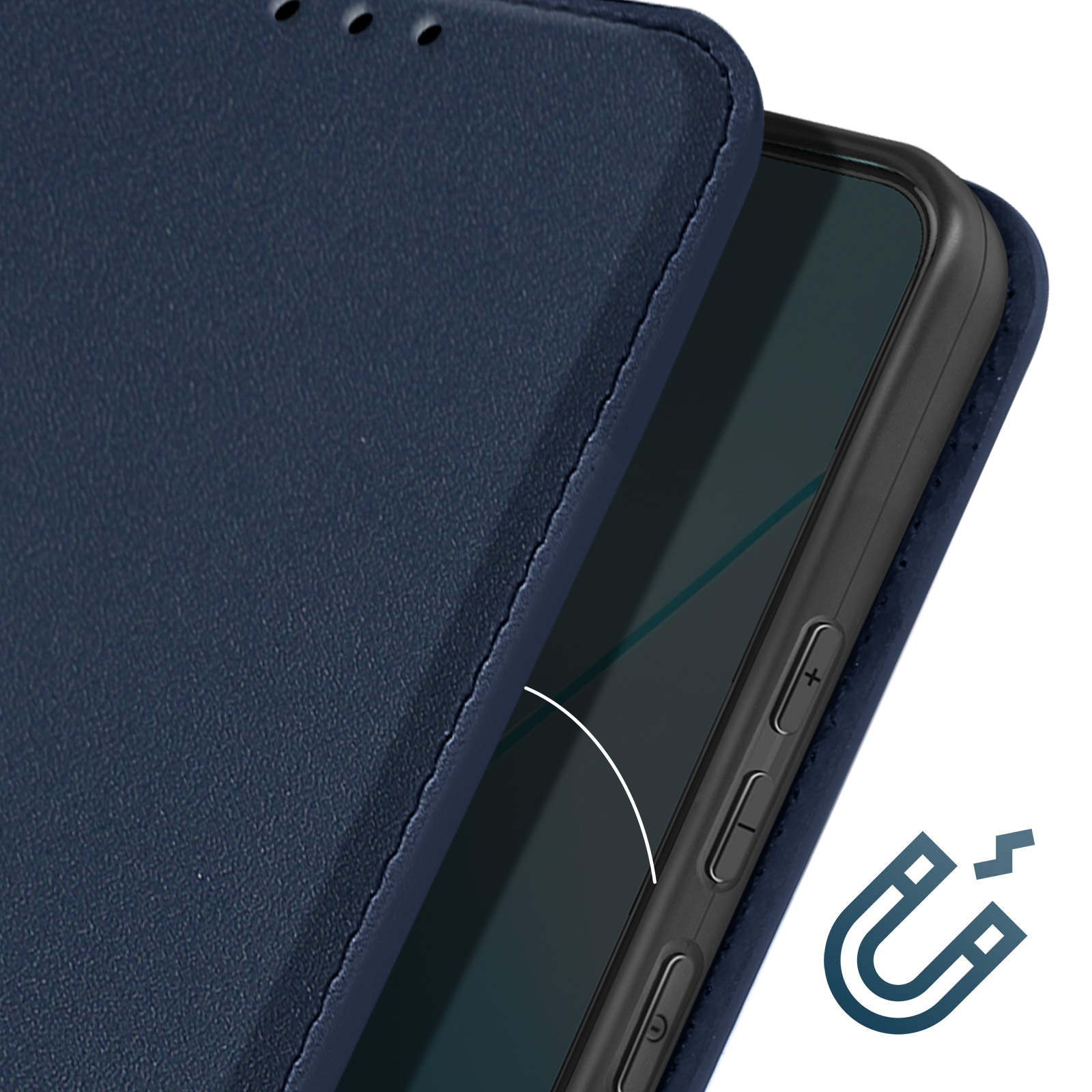 Una custodia per telefono blu scuro con un telefono all'interno e un simbolo del magnete.
