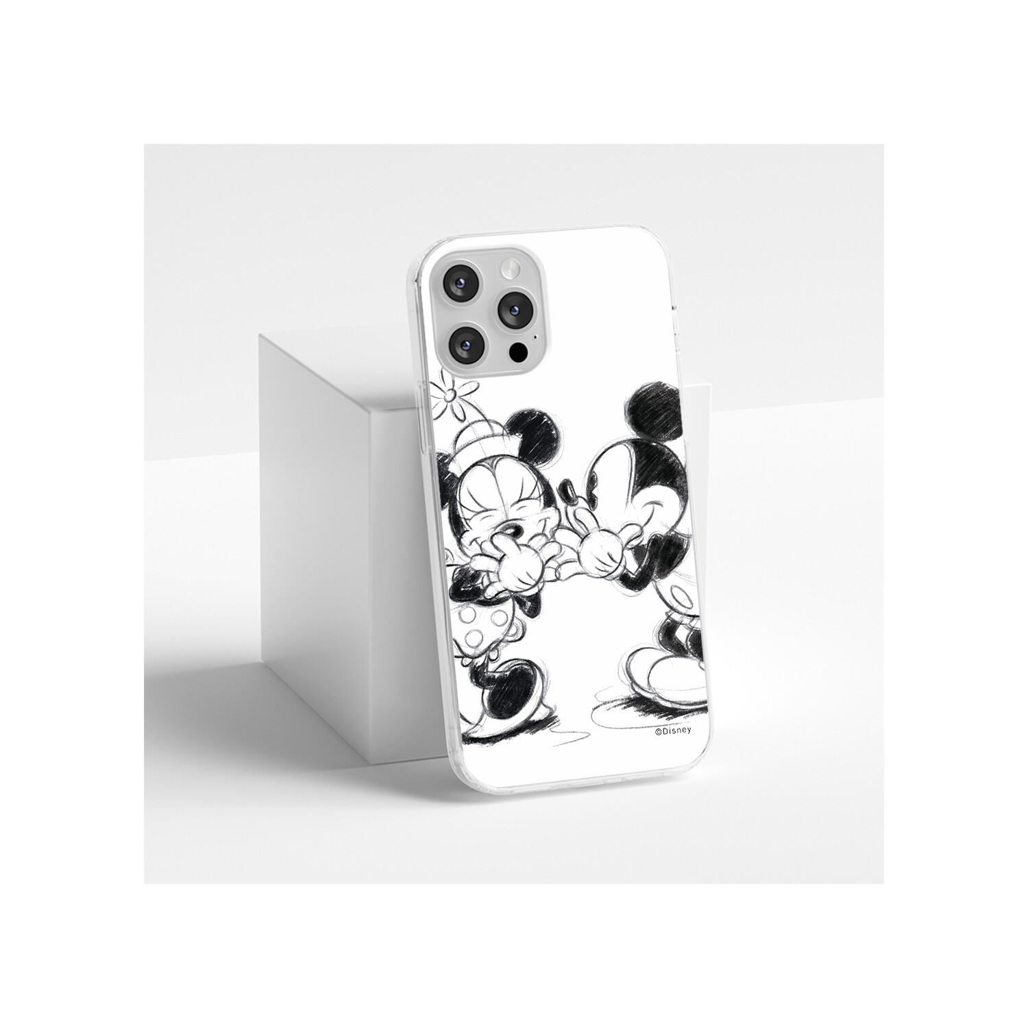 Handyhülle mit Minnie- und Mickey-Mouse-Skizze auf weißem Hintergrund.