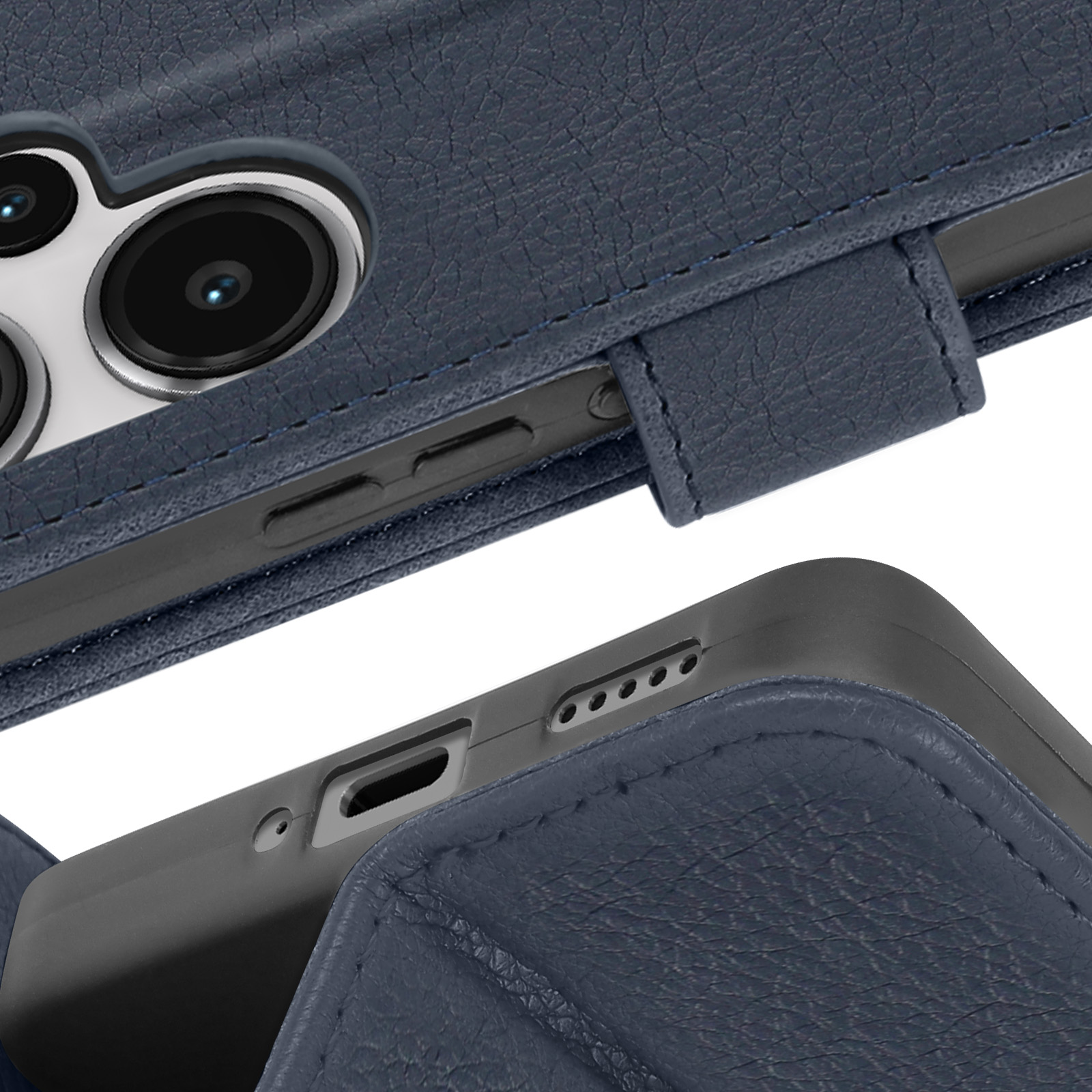 Primo piano di un telefono con custodia in pelle blu scuro. Sono visibili il lato, i pulsanti e la fotocamera del telefono.