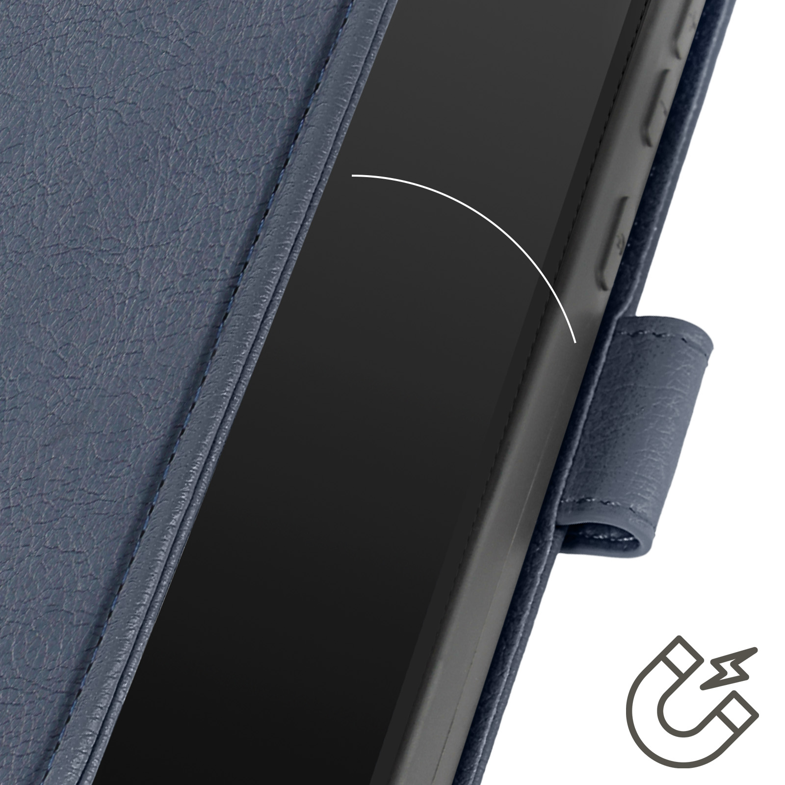 Una custodia blu per telefono con un telefono parzialmente visibile e un'icona magnetica.