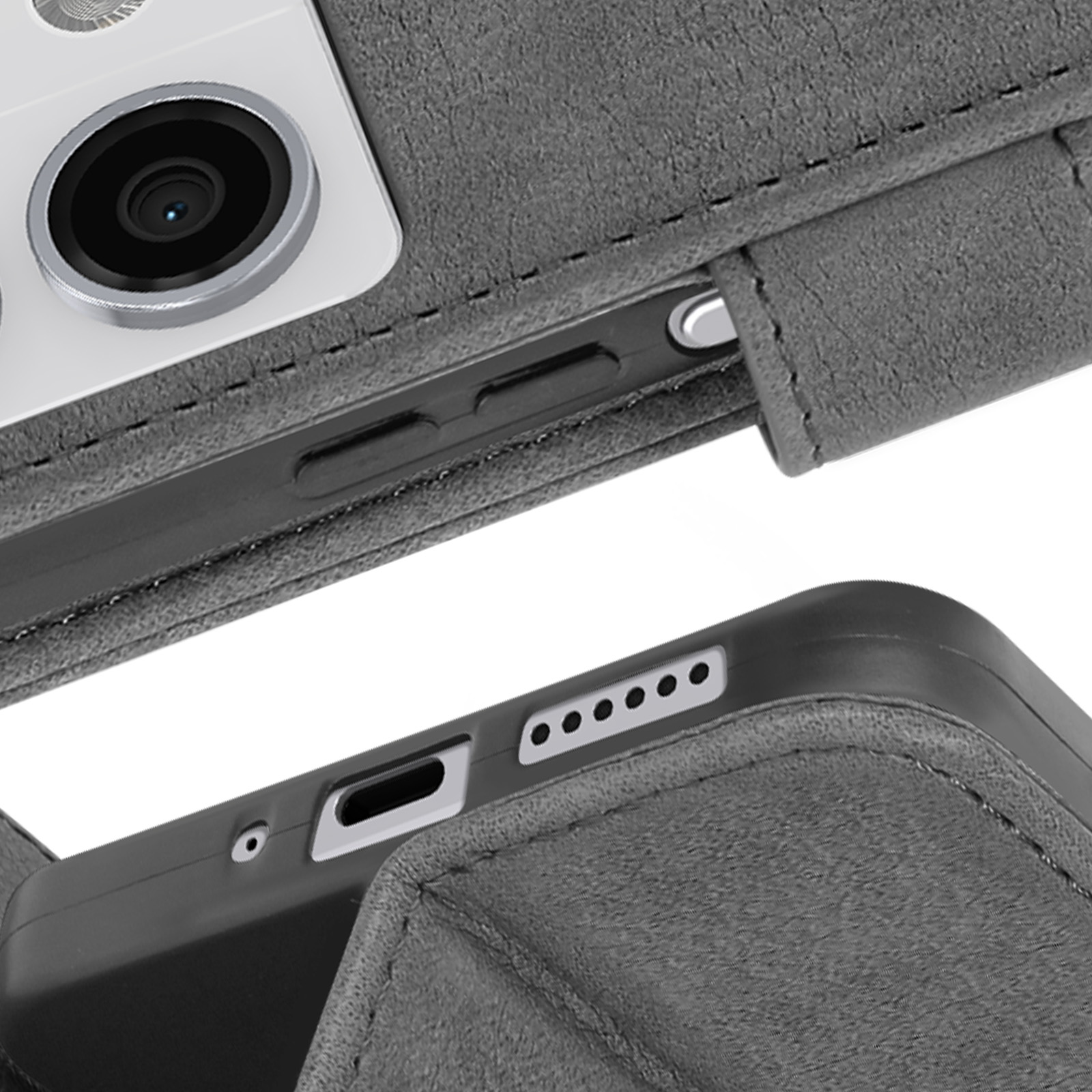 Primo piano di una custodia grigia con bordo e fotocamera del telefono visibili.