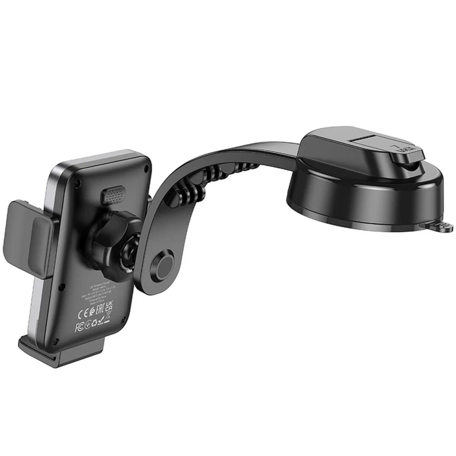 Ein schwarzer Telefonhalter für ein Auto. Es hat einen Saugnapf und einen flexiblen Arm zur Befestigung am Armaturenbrett.