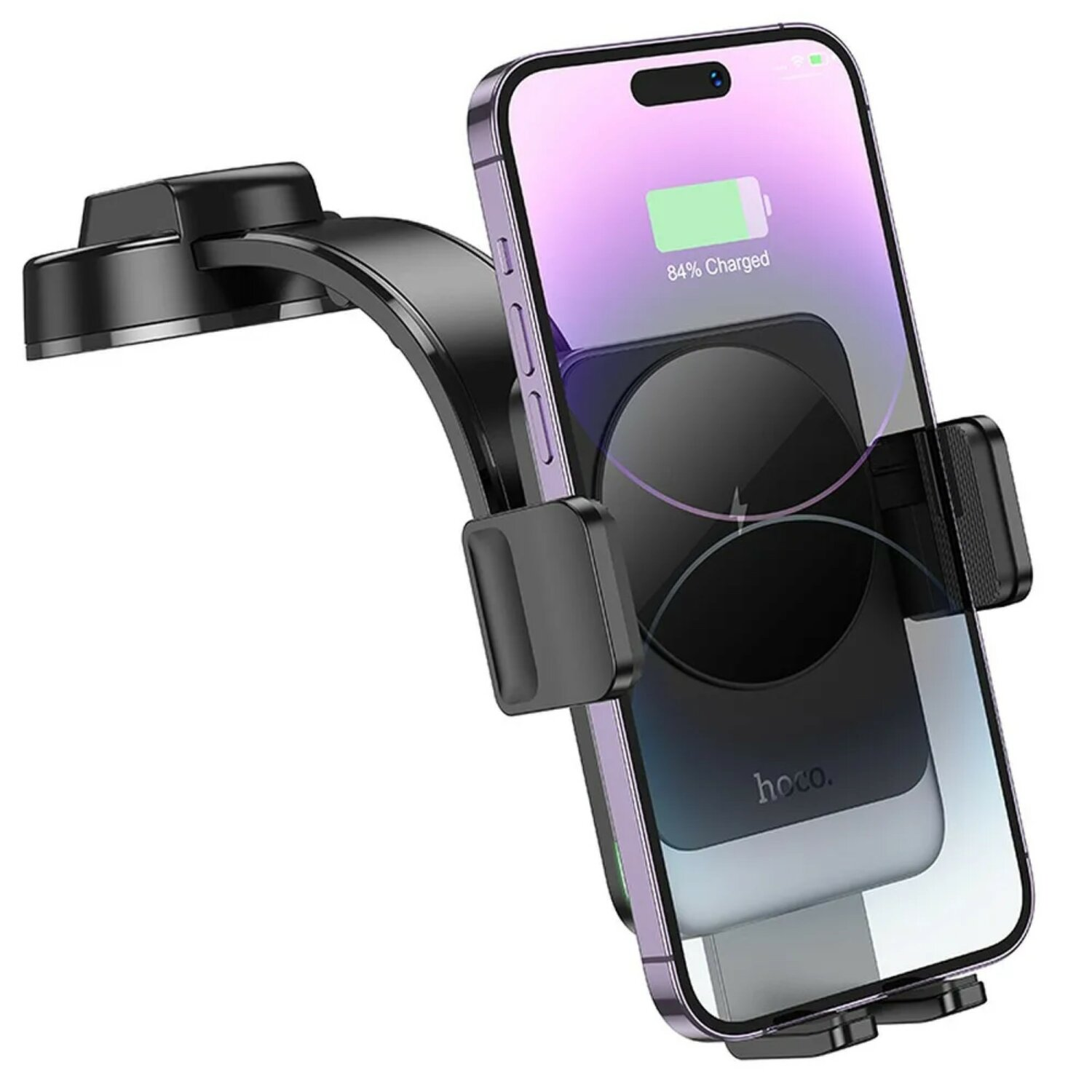 Ein schwarzer Telefonhalter mit einem am Windschutzscheibe befestigten Telefon. Das Telefon zeigt 84% geladen.