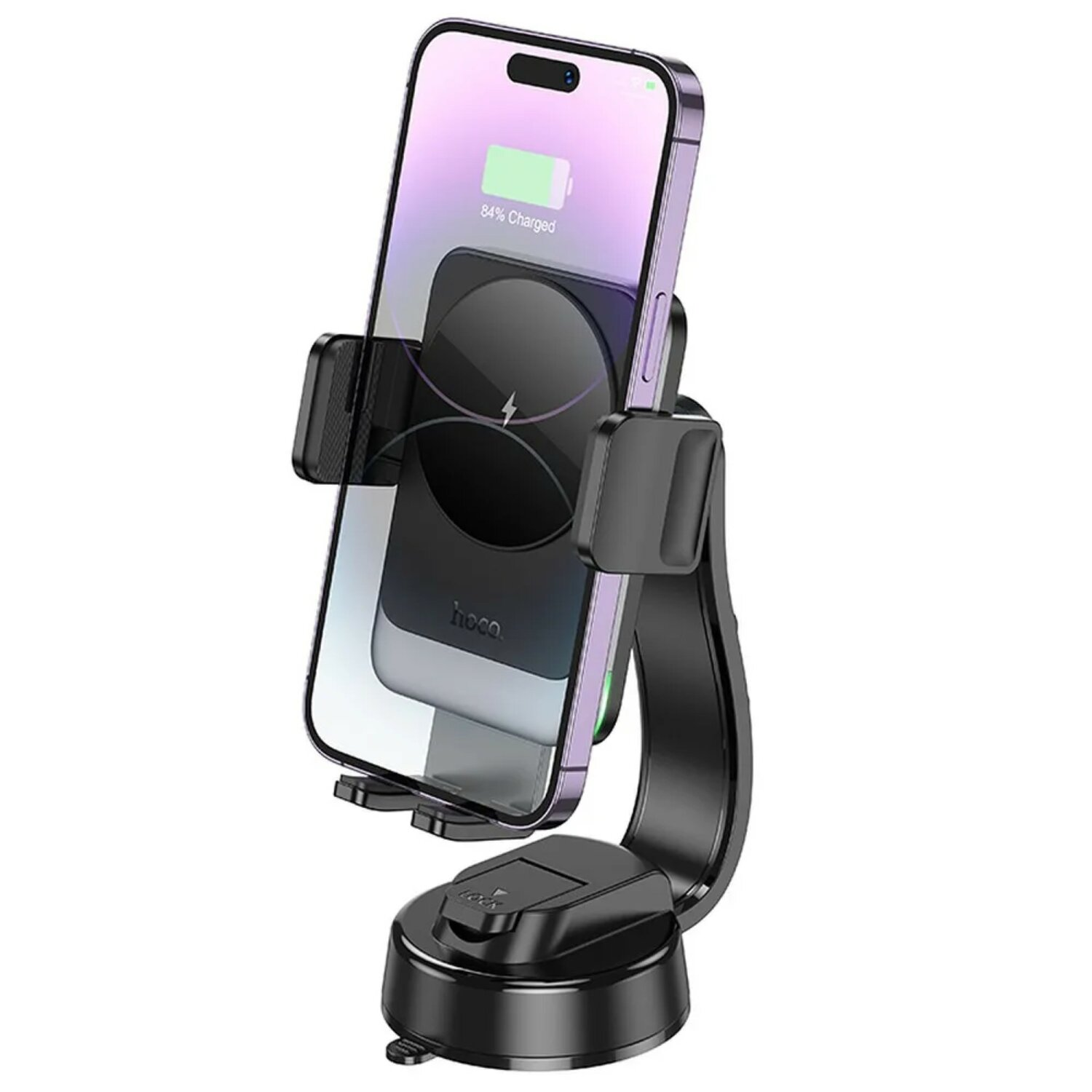 Schwarzer Telefonhalter mit Telefon, das 84 % Ladung anzeigt. Schwarze Oberfläche mit Saugnapf.