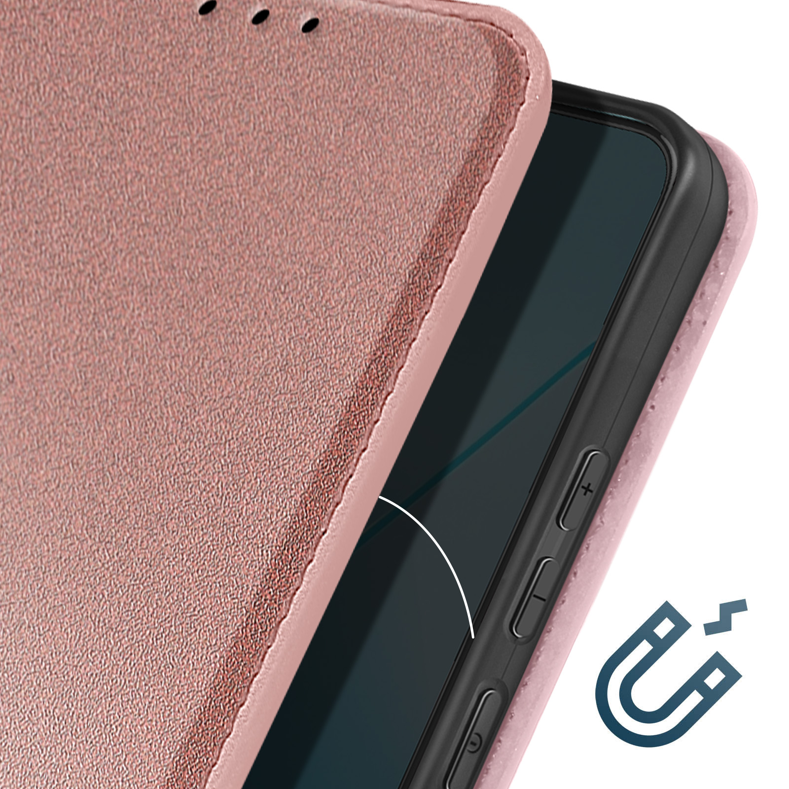 Primo piano di una custodia per telefono, parzialmente aperta, che mostra il telefono e un simbolo di calamita.