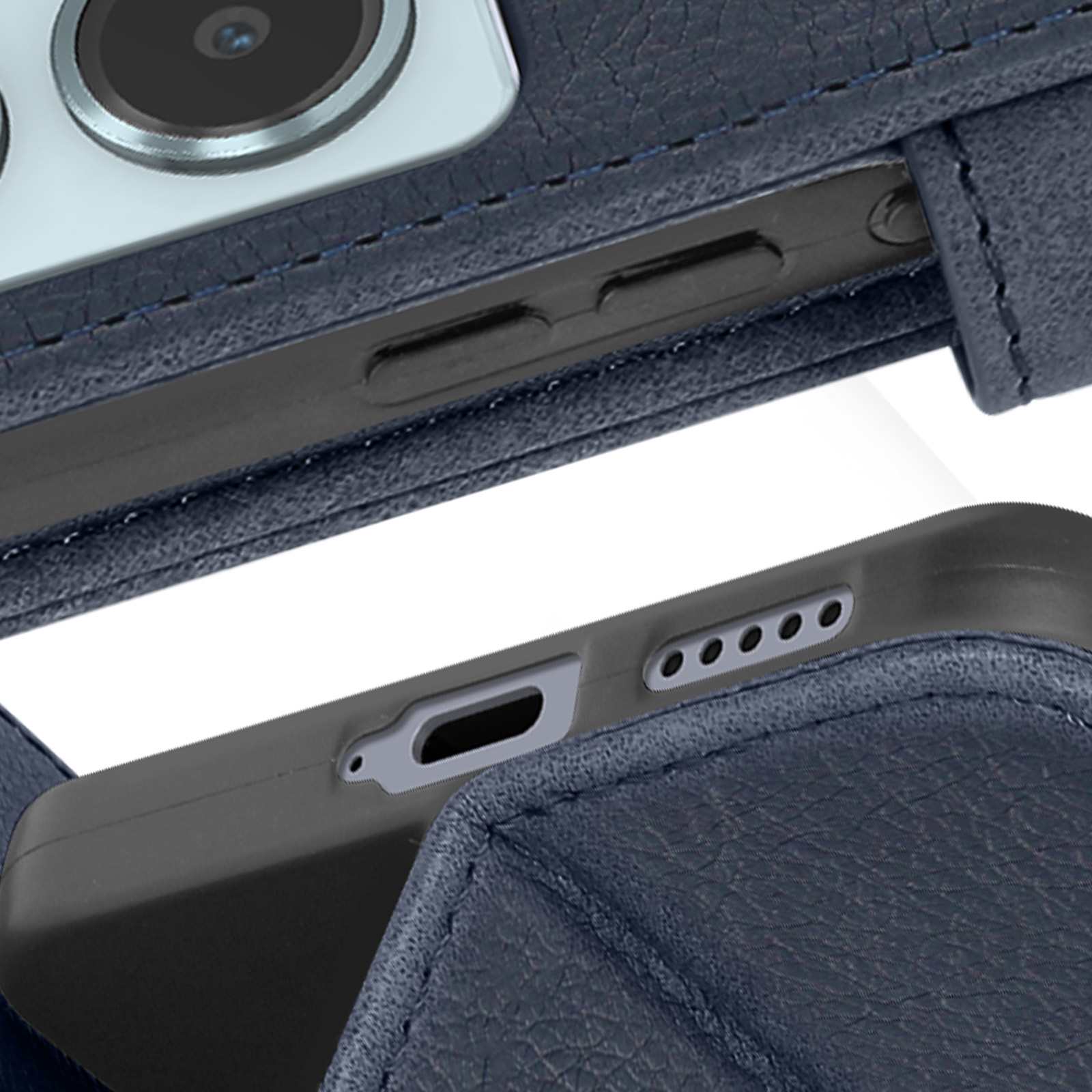 Primo piano di una custodia per telefono in pelle blu. Pulsanti e cuciture visibili sulla custodia.