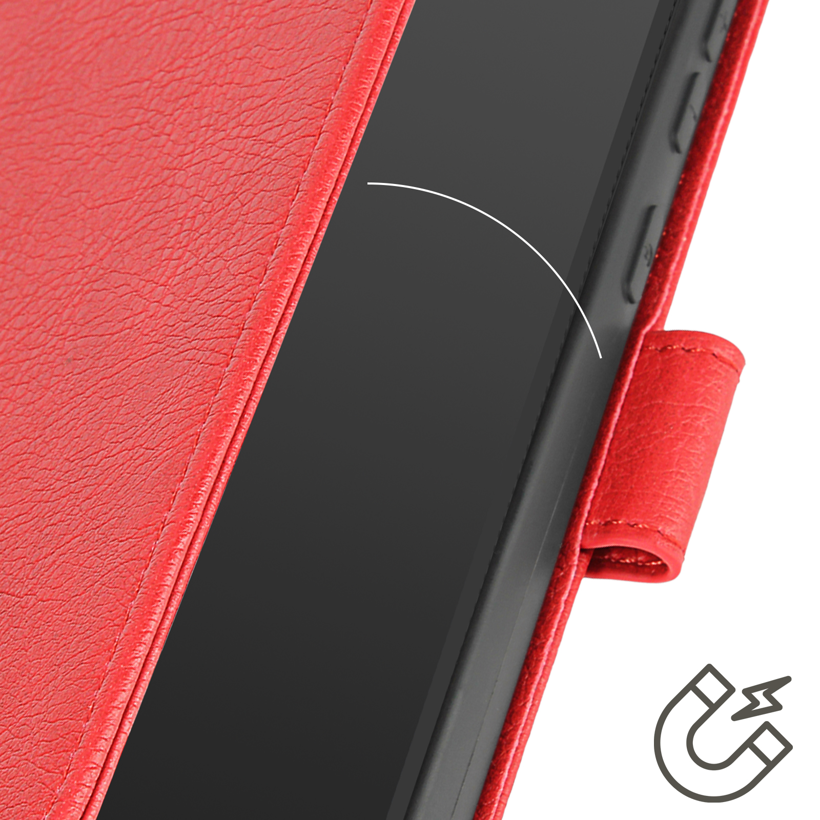 Una custodia rossa per tablet con schermo nero e coperchio aperto che mostra un'icona a calamita.