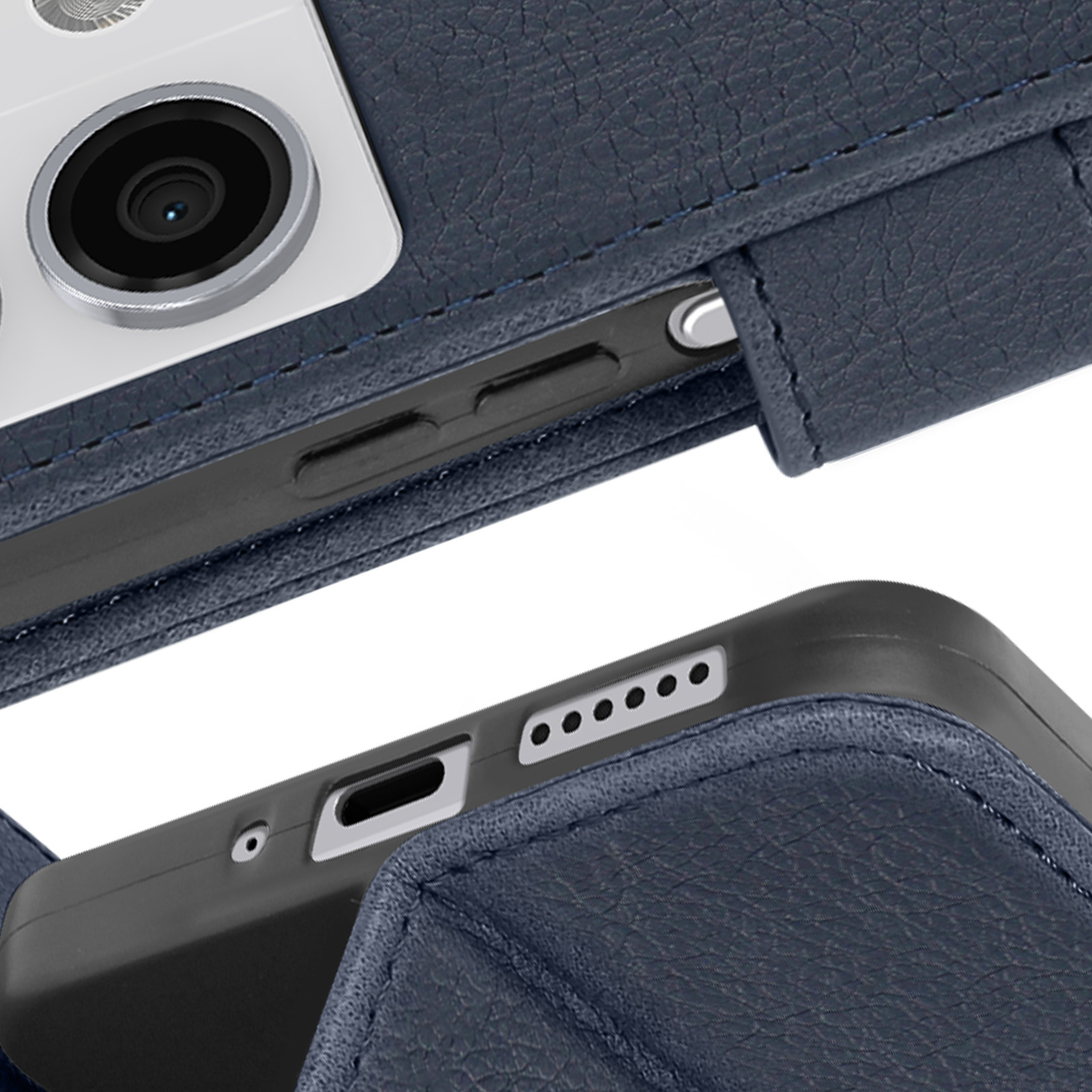 Primo piano di una custodia per telefono blu navy con un telefono all'interno. Pulsanti e fotocamera visibili.