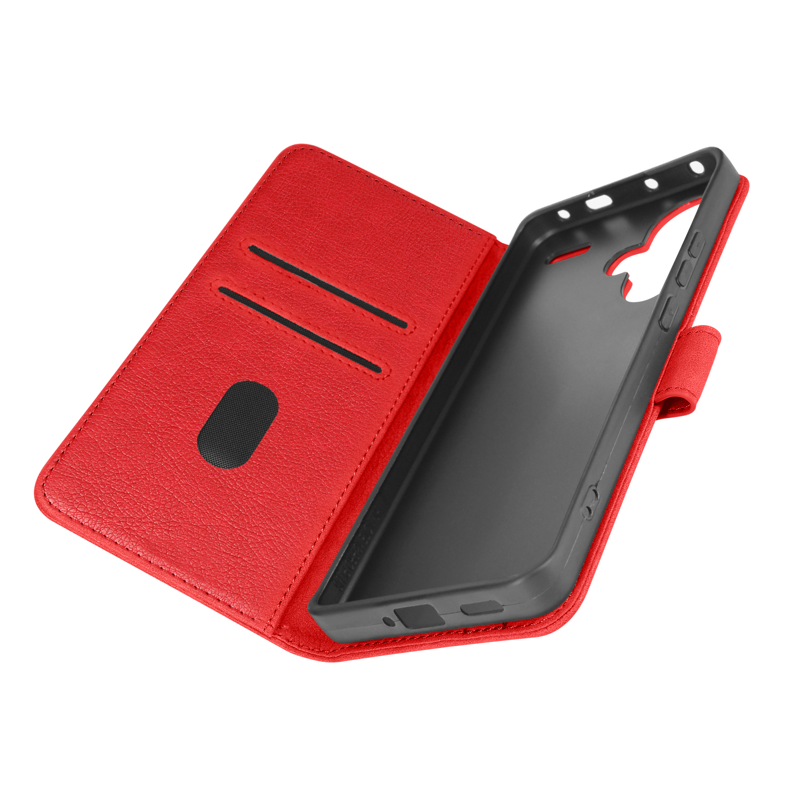 Custodia per telefono in pelle rossa, aperta, che mostra l'interno nero e gli slot per carte. La custodia è aperta.