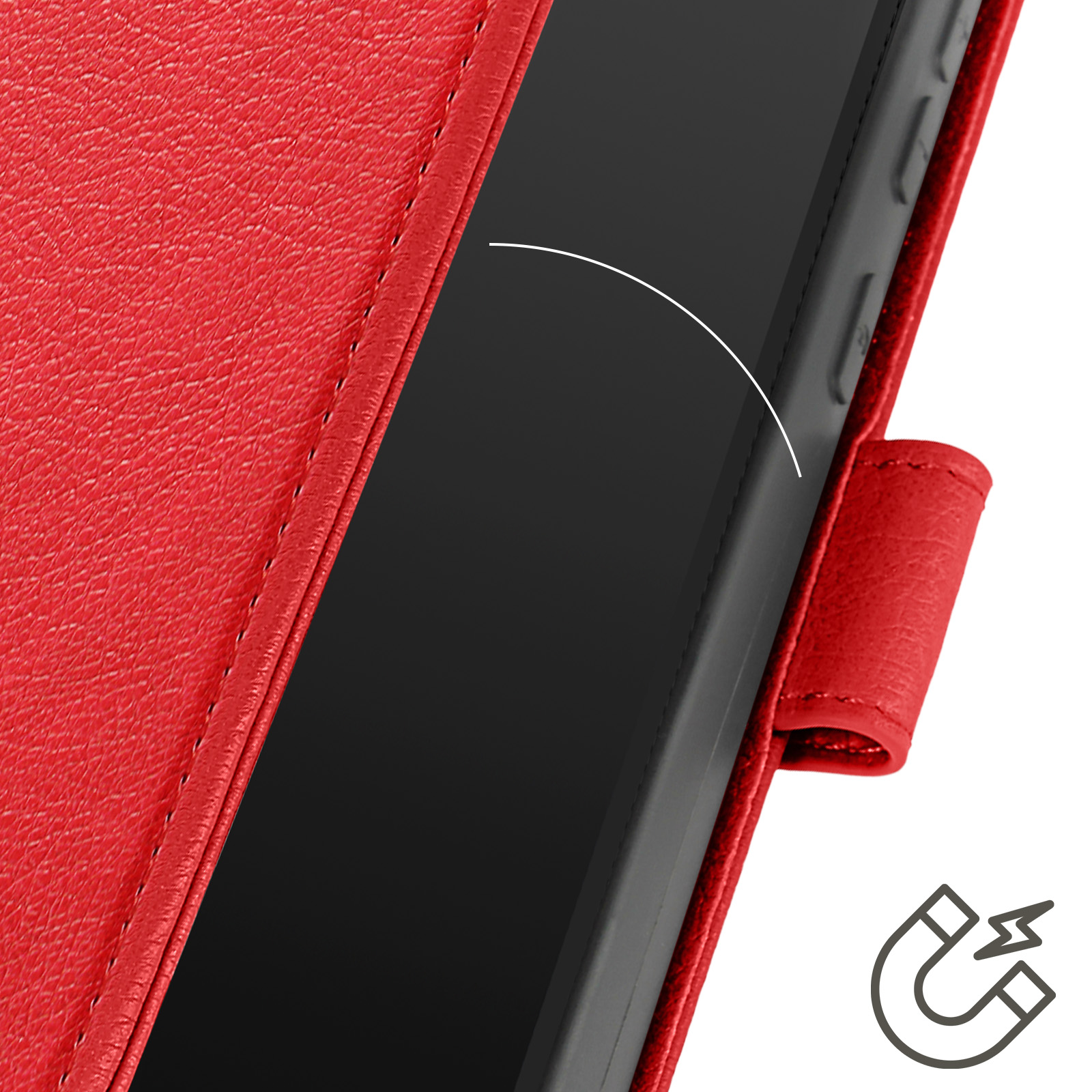 Custodia rossa per telefono con chiusura magnetica su schermo nero.