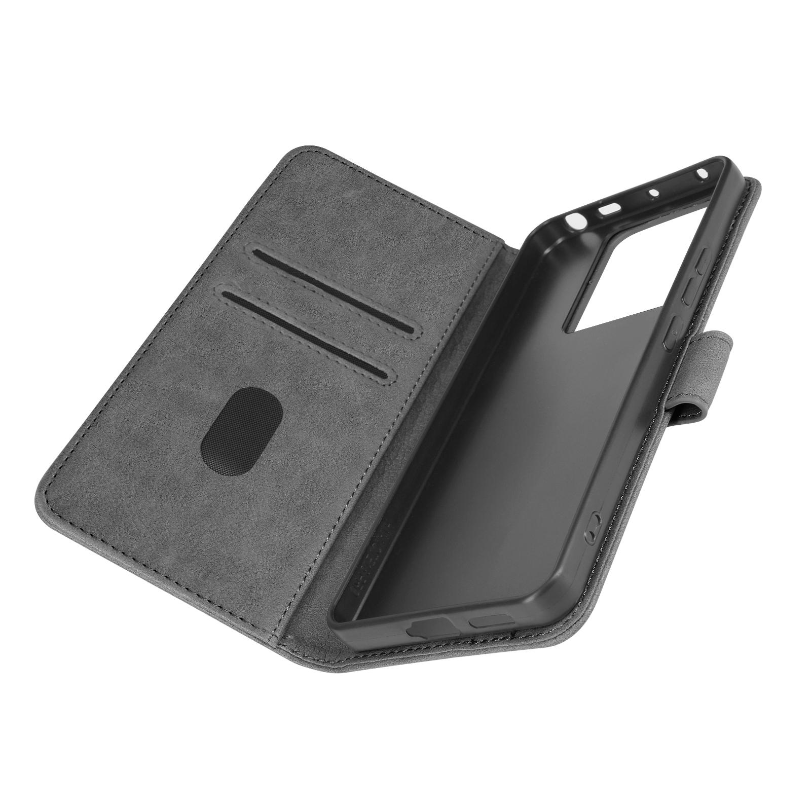 Geöffnete graue Handy-Brieftasche mit Kartenfächern und schwarzem Telefonhalter.