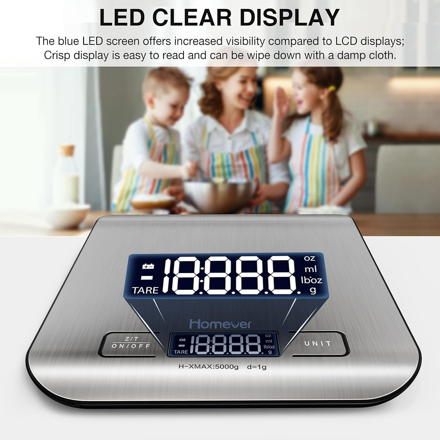 Eine digitale Küchenwaage mit blauem LED-Display, das eine Gewichtsangabe anzeigt.