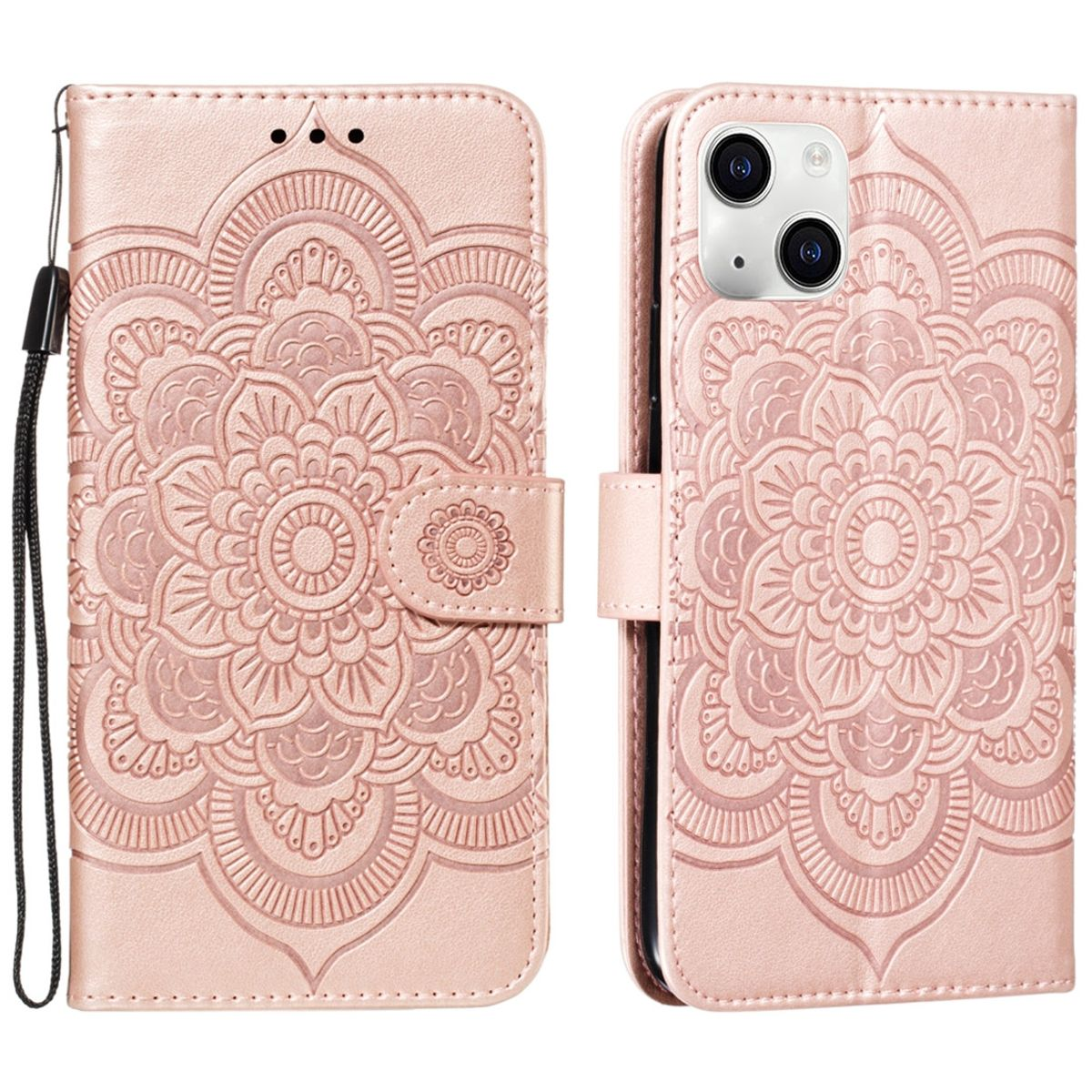 Rosa Handyhülle, offen und geschlossen, mit geprägtem Blumendesign und Riemen.