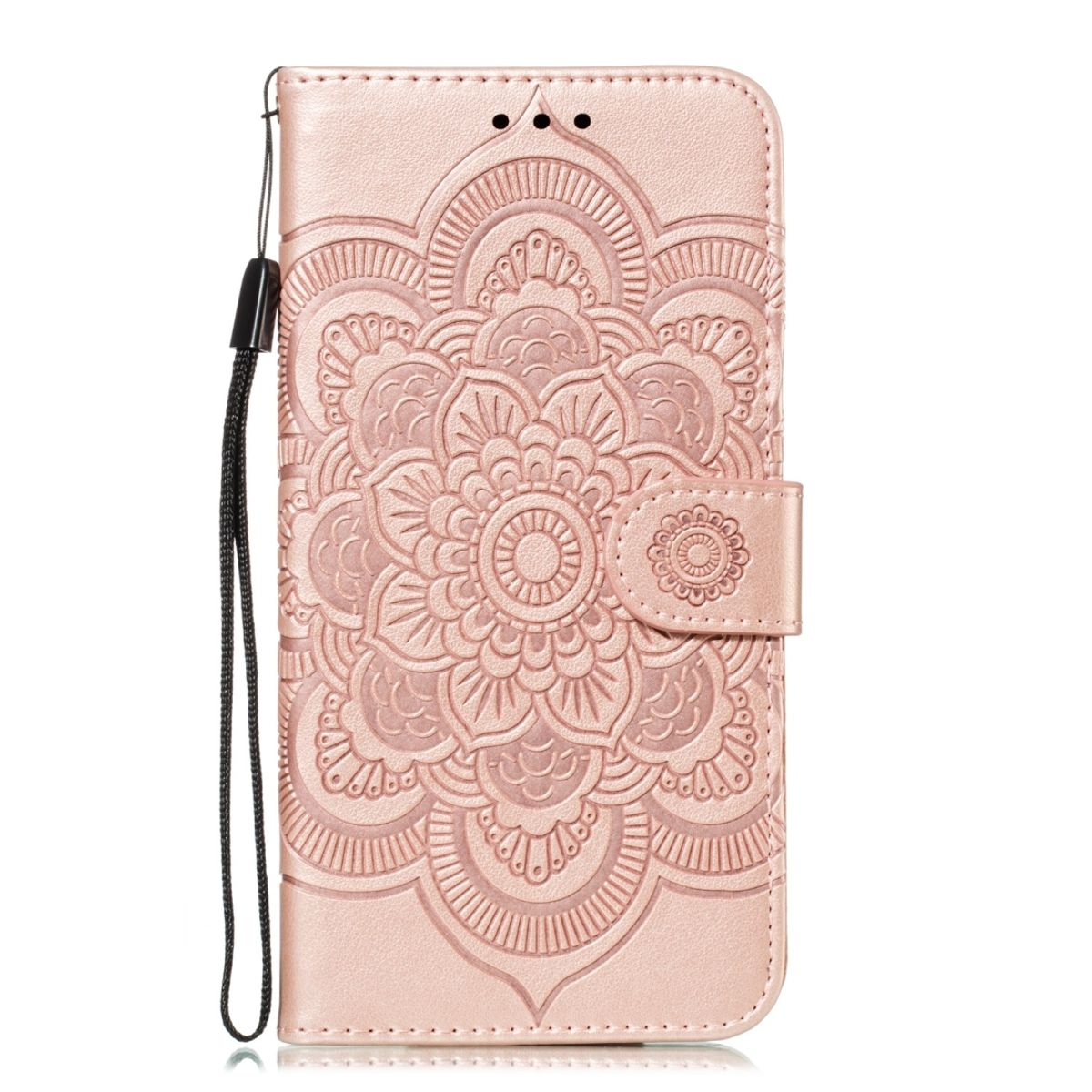 Eine rosa Handyhülle mit Mandala-Design, geschlossen, und einem schwarzen Schlüsselband.