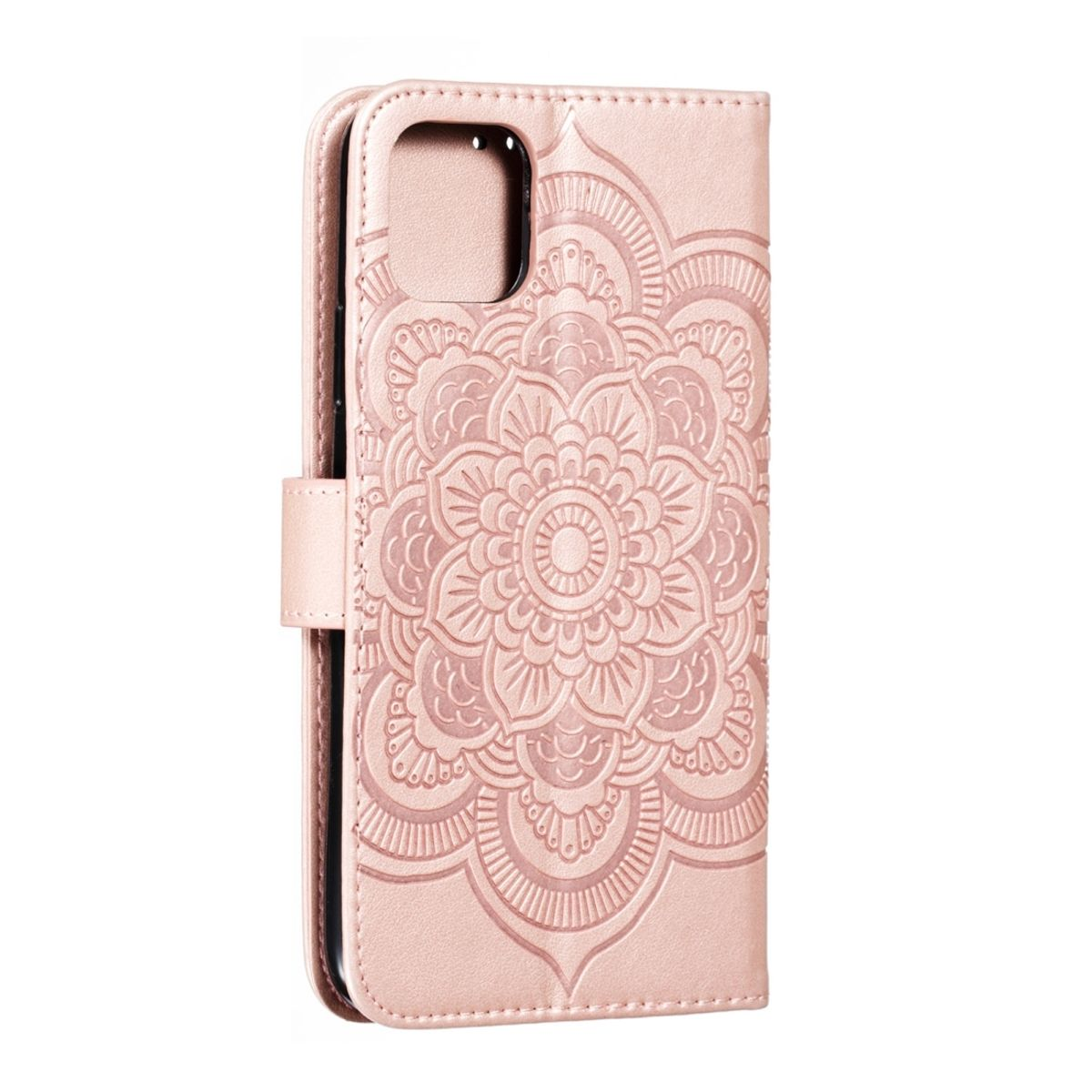 Rosa Handyhülle mit floralem Prägedesign. Sie ist geöffnet und zeigt das Innere.