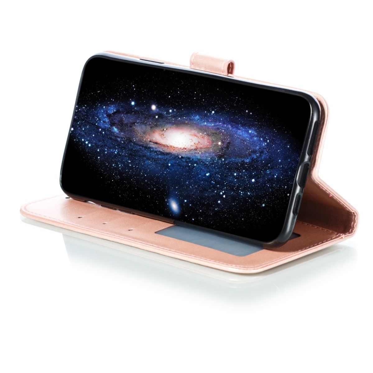 Rosa Handyhülle mit einem Telefon, das ein Galaxienbild anzeigt. Die Hülle ist geöffnet und steht auf einer Oberfläche.