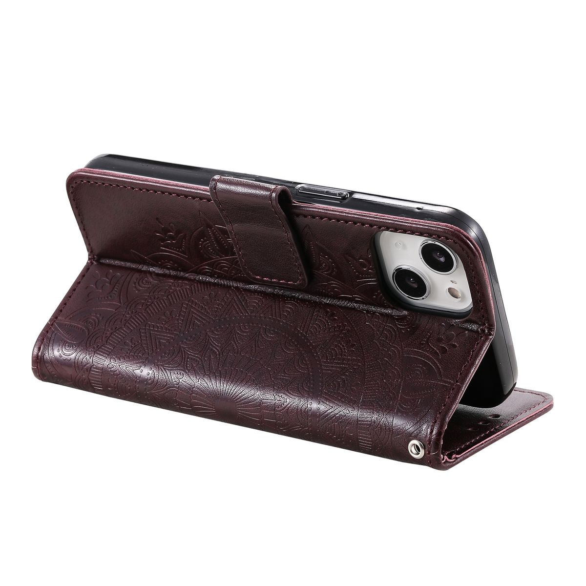 Eine braune Handyhülle mit floralem Muster. Das Telefon ist sichtbar.