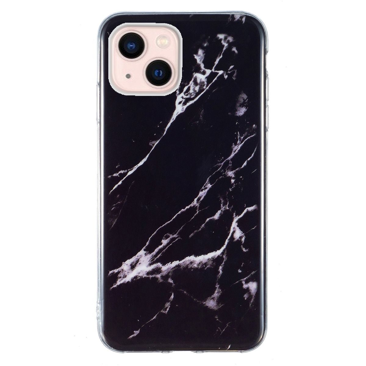Schwarz-weiß marmorierte Handyhülle für ein iPhone. Kameraobjektive sichtbar.