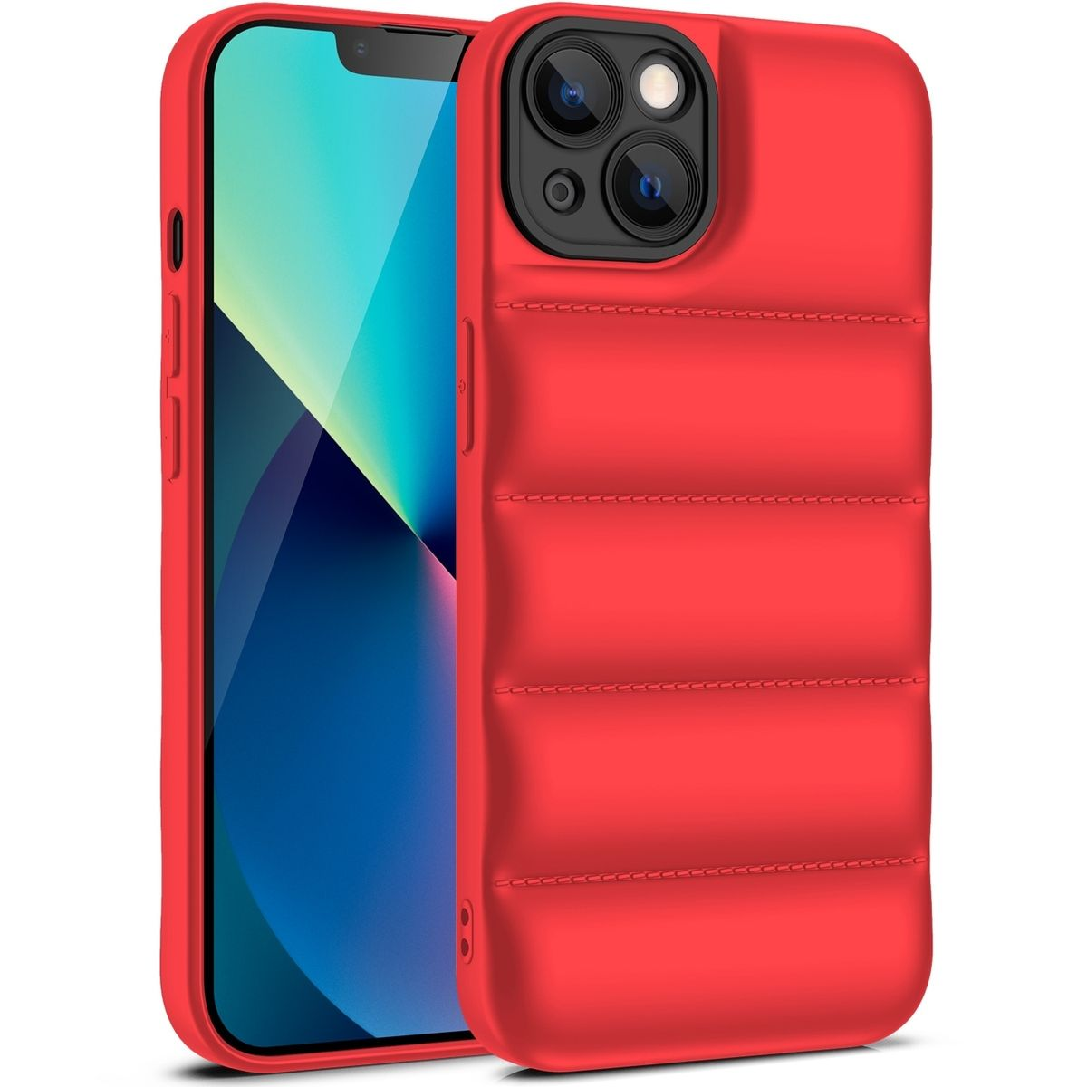 Rote Handyhülle mit gestepptem Design, die ein Telefon bedeckt.