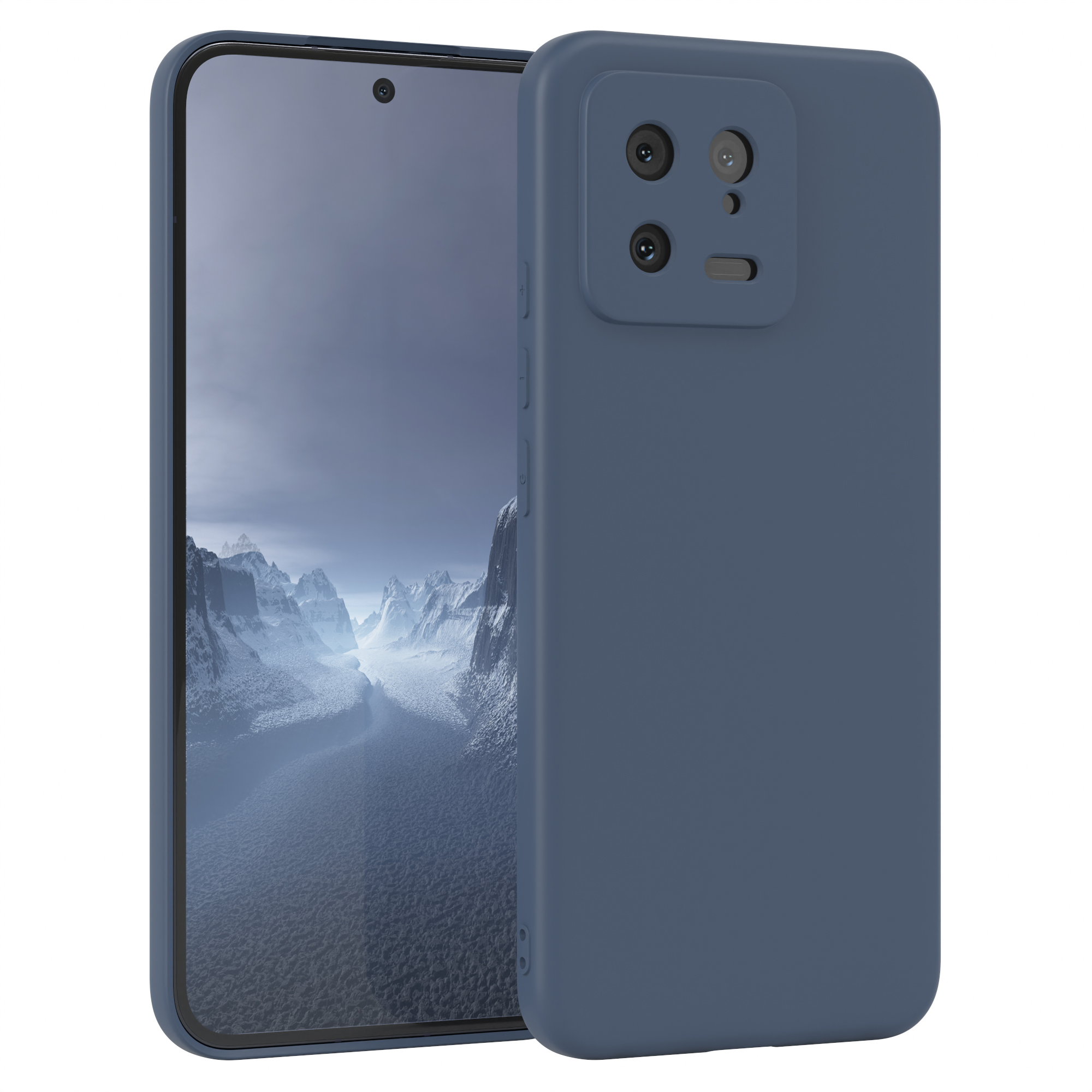 Blaue Handyhülle auf Weiß. Telefon ist größtenteils sichtbar.