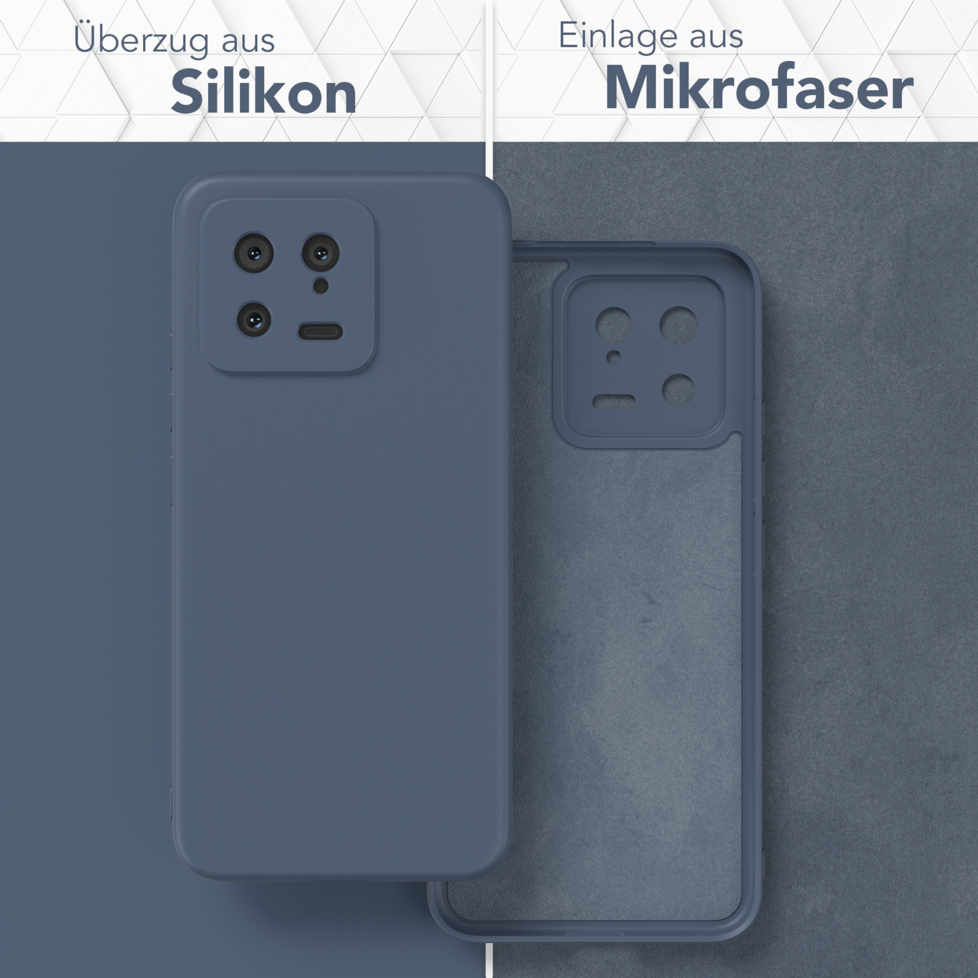 Handyhülle, blaue Abdeckung und Mikrofaser-Einsatz. Hintergrund ist grau.