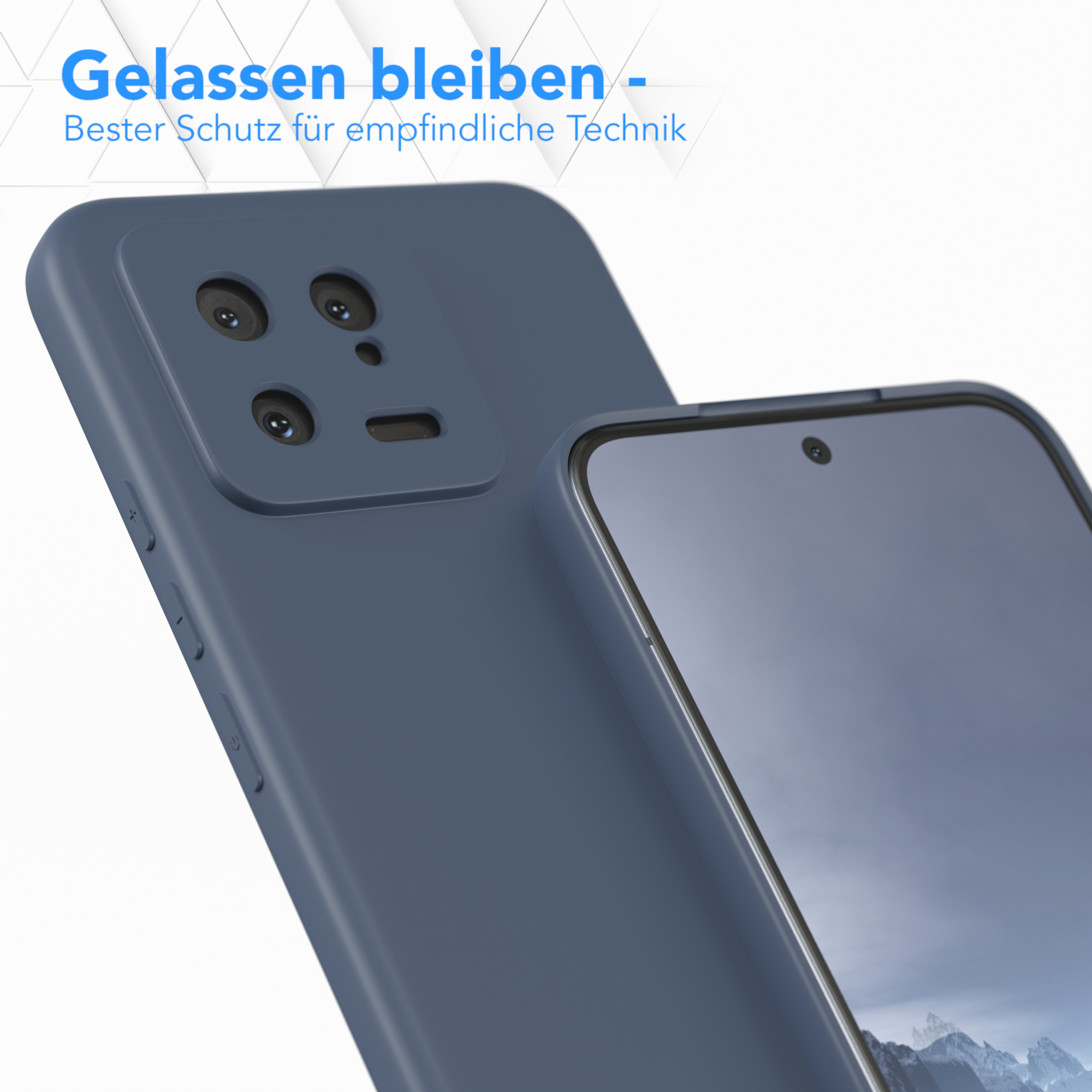 Blaue Handyhülle. Text: Gelassen bleiben - Bester Schutz für empfindliche Technik.