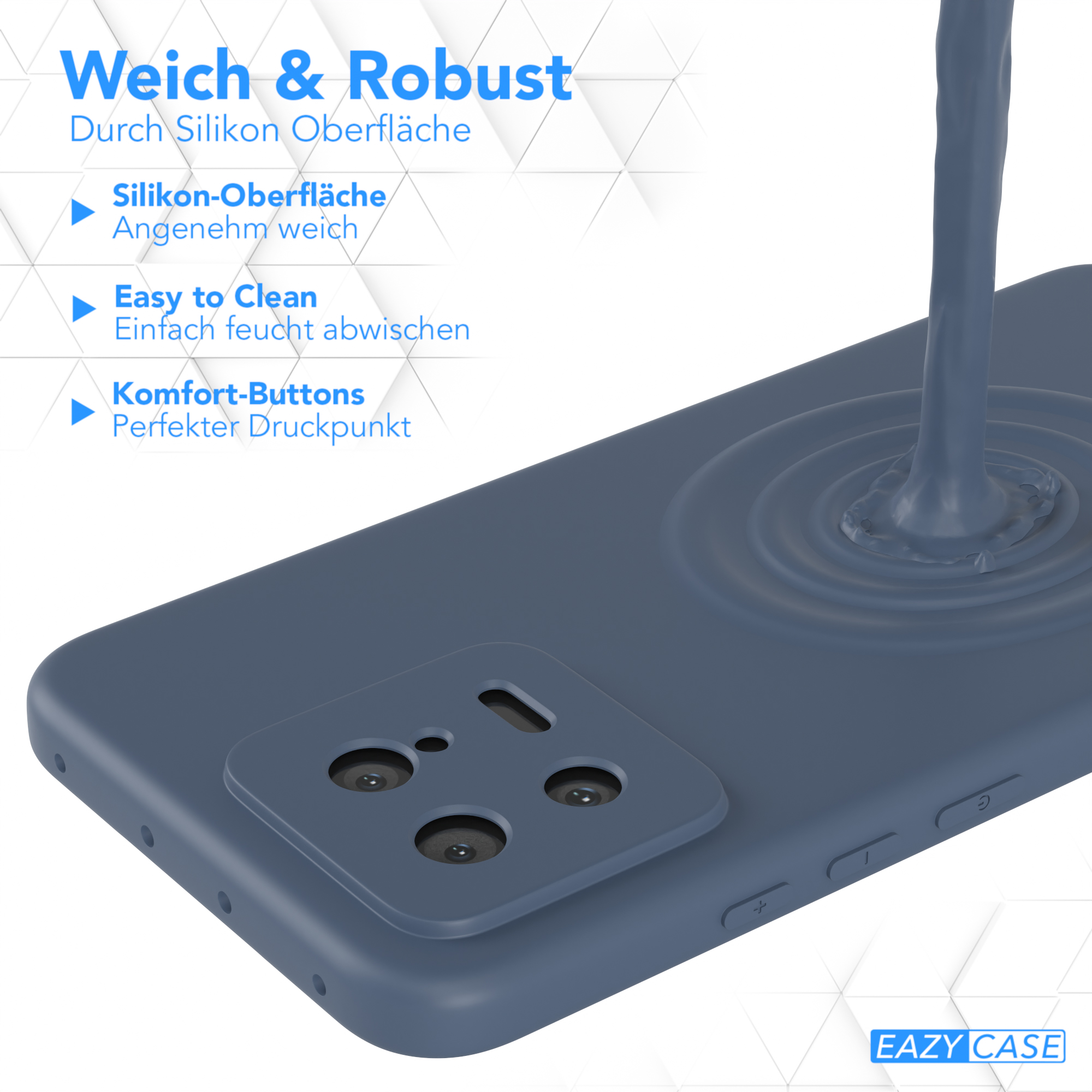Blaues Telefoncase mit Flüssigkeit, die von oben darauf gegossen wird. Text weist auf Silikonoberfläche und einfache Reinigung hin.