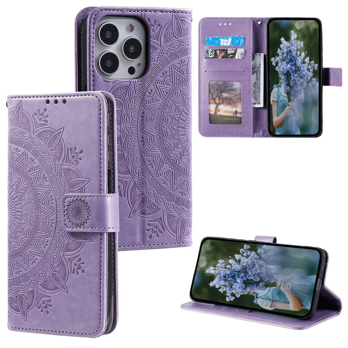 Eine lila Handyhülle mit Mandala-Design, geöffnet mit Kartenfächern und Telefon mit Blumen.