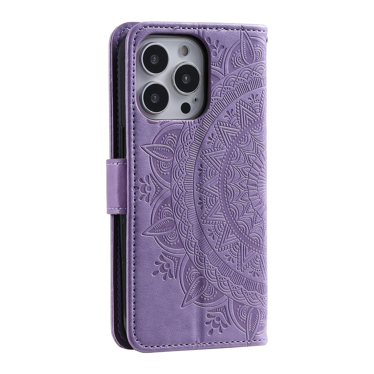 Lila Handyhülle mit Mandala-Design, geschlossen und geöffnet auf weißem Hintergrund.
