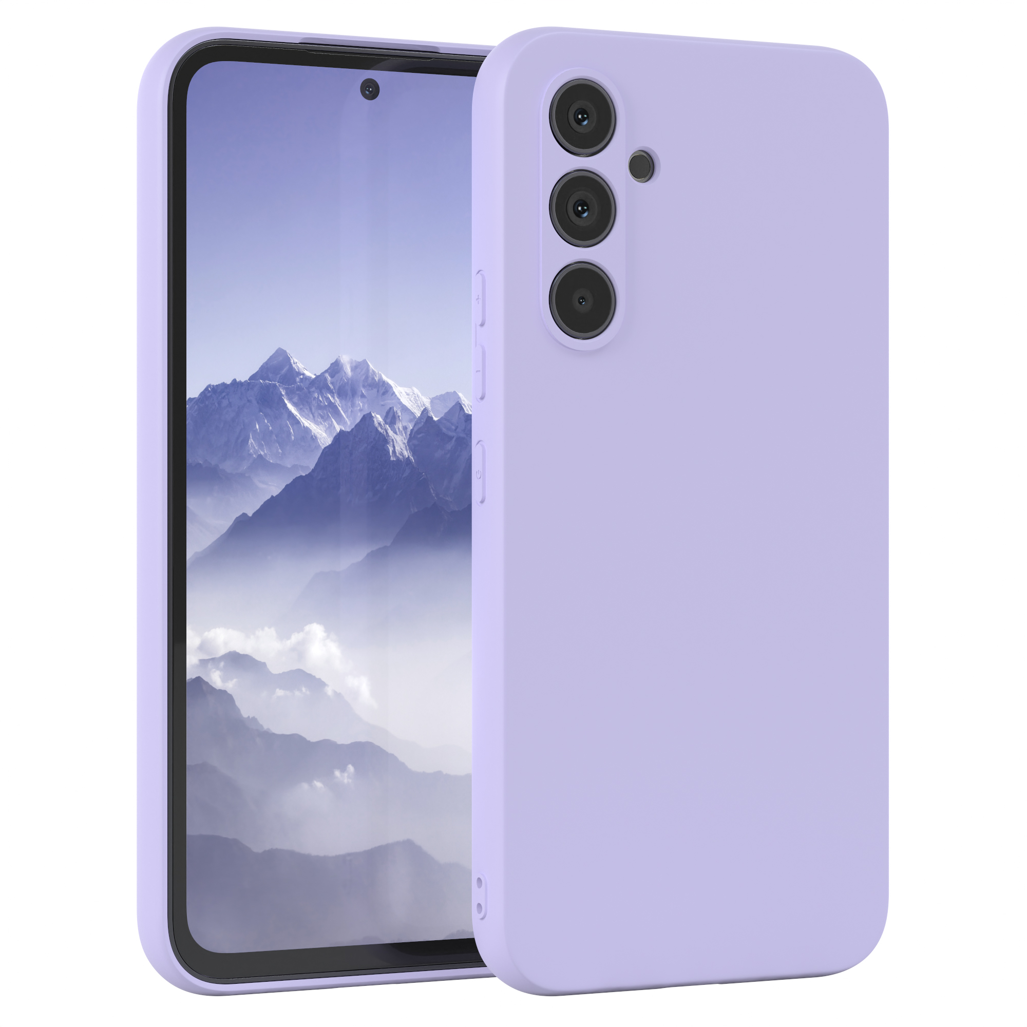 Eine lilafarbene Handyhülle, mit leicht sichtbarem Telefon.