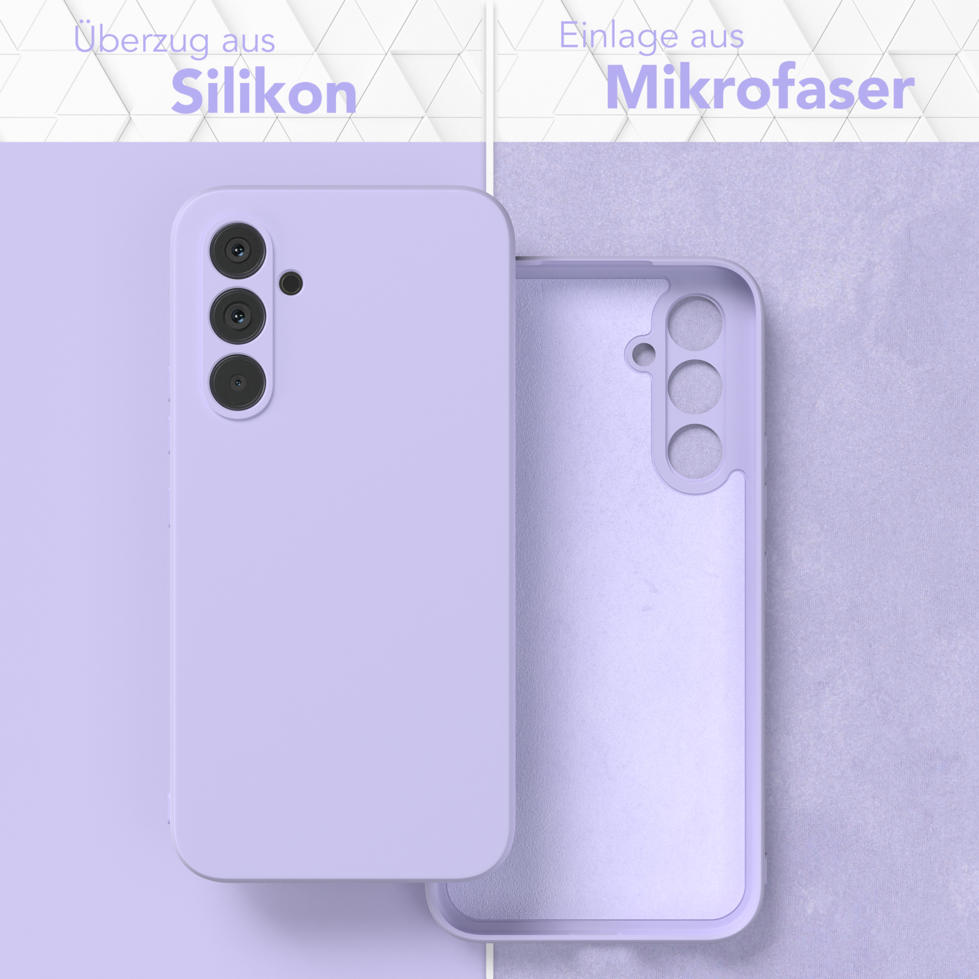 Lila Handyhülle, offen, mit Text: Silikon und Mikrofasar. Zwei Teile.
