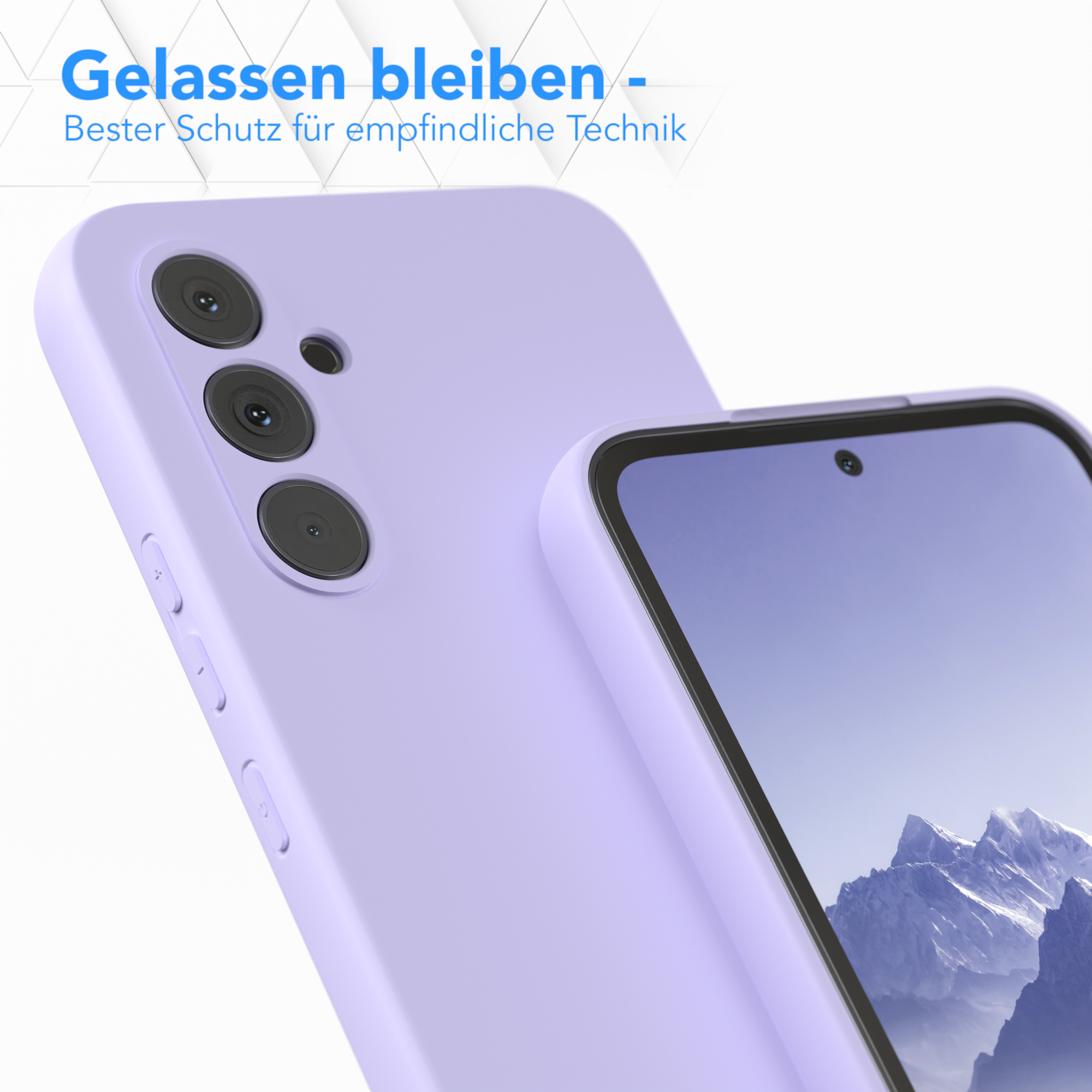 Nahaufnahme einer hellvioletten Handyhülle und eines Handys. Text oben ist auf Deutsch.