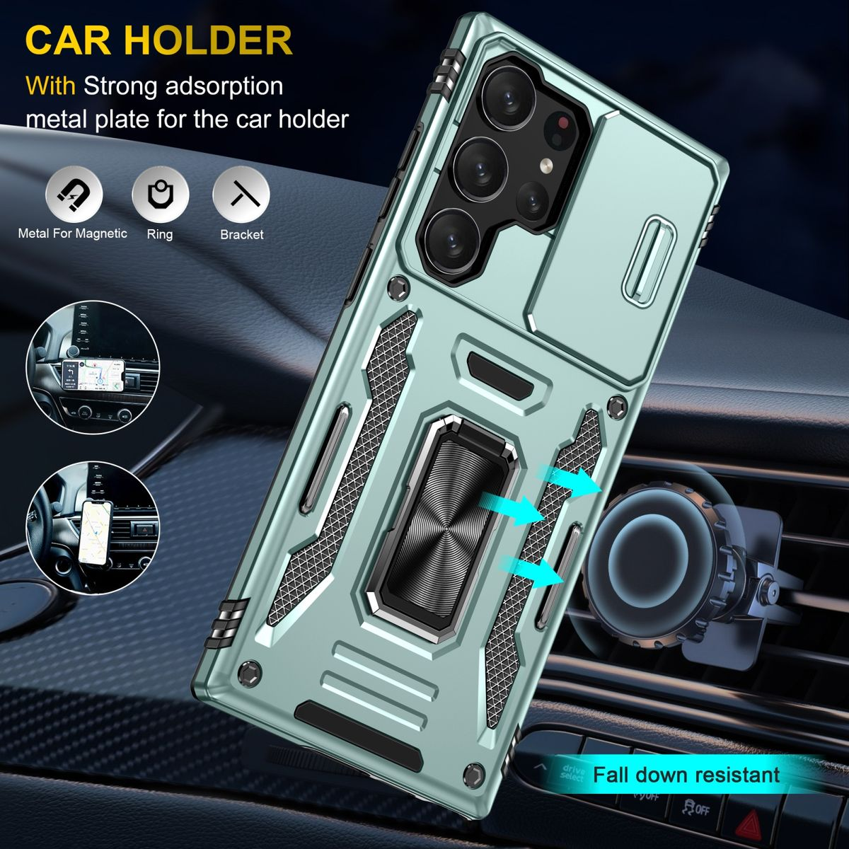 Ein Autohalter mit Telefon, montiert auf dem Armaturenbrett eines Autos. Der Halter ist türkis und schwarz.
