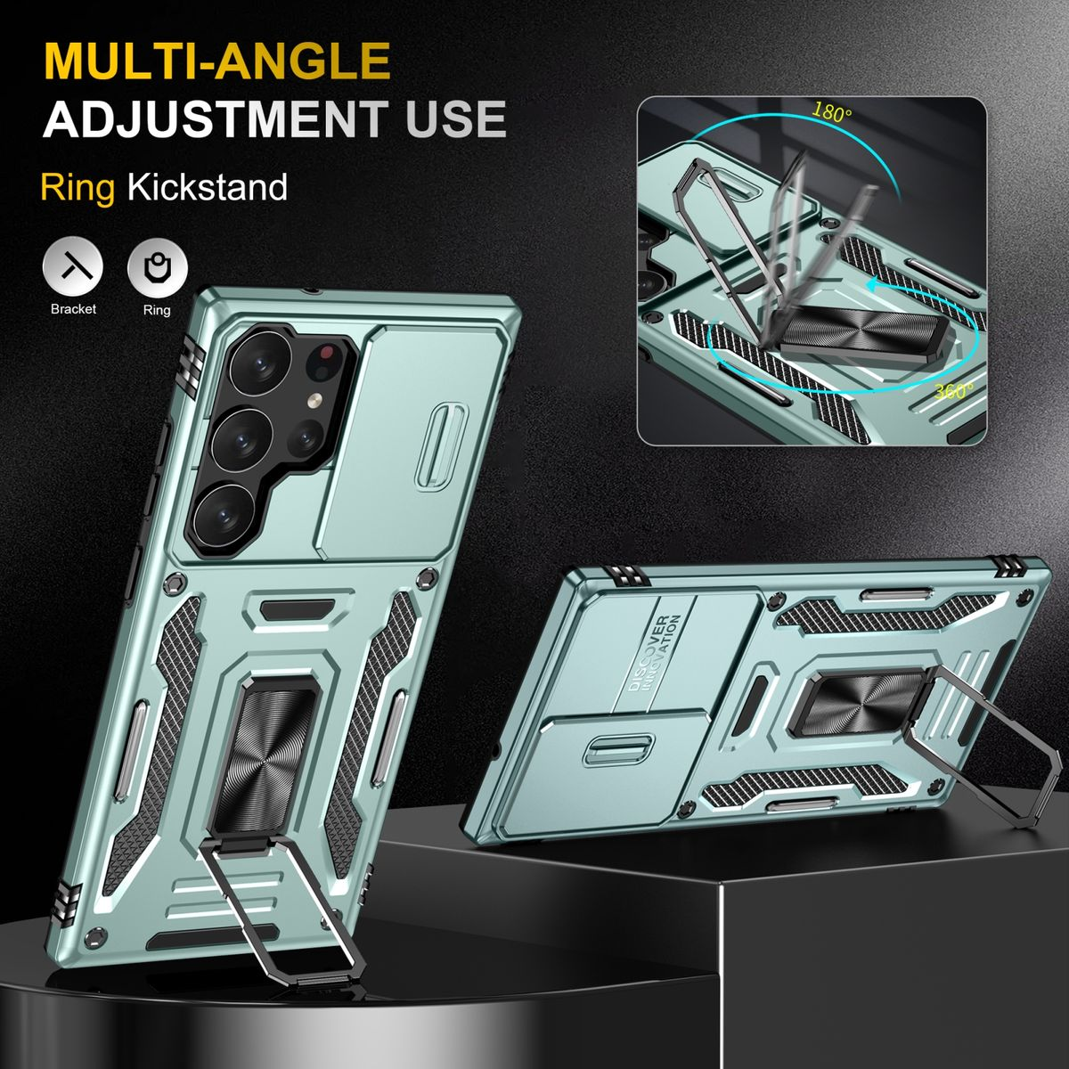 Eine mintgrüne Handyhülle mit Ring-Kickstand und Diagramm der Funktionen.
