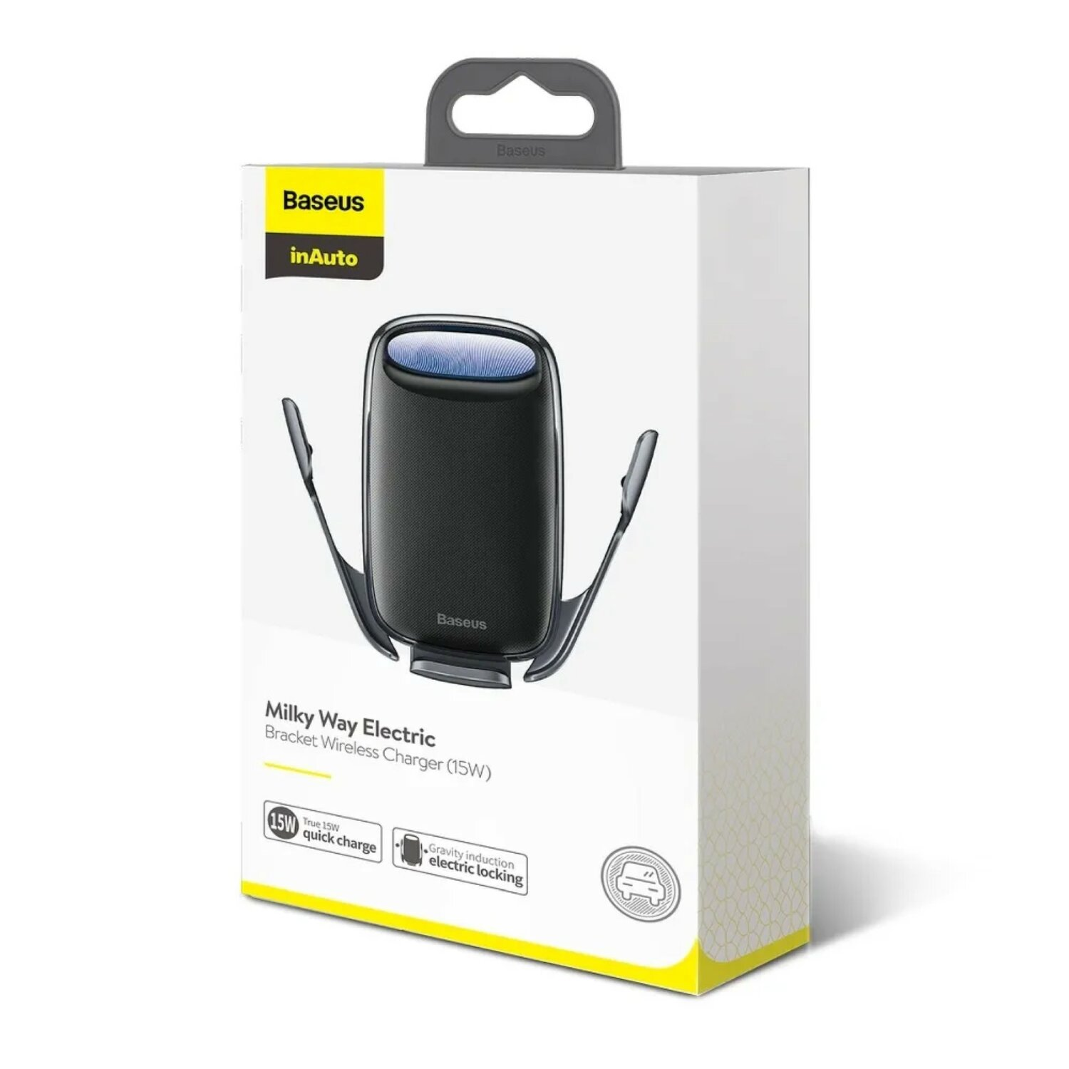 Eine weiße Box mit einem Baseus-Autoladegerät, Produktname 'Milky Way Electric', mit Etiketten.