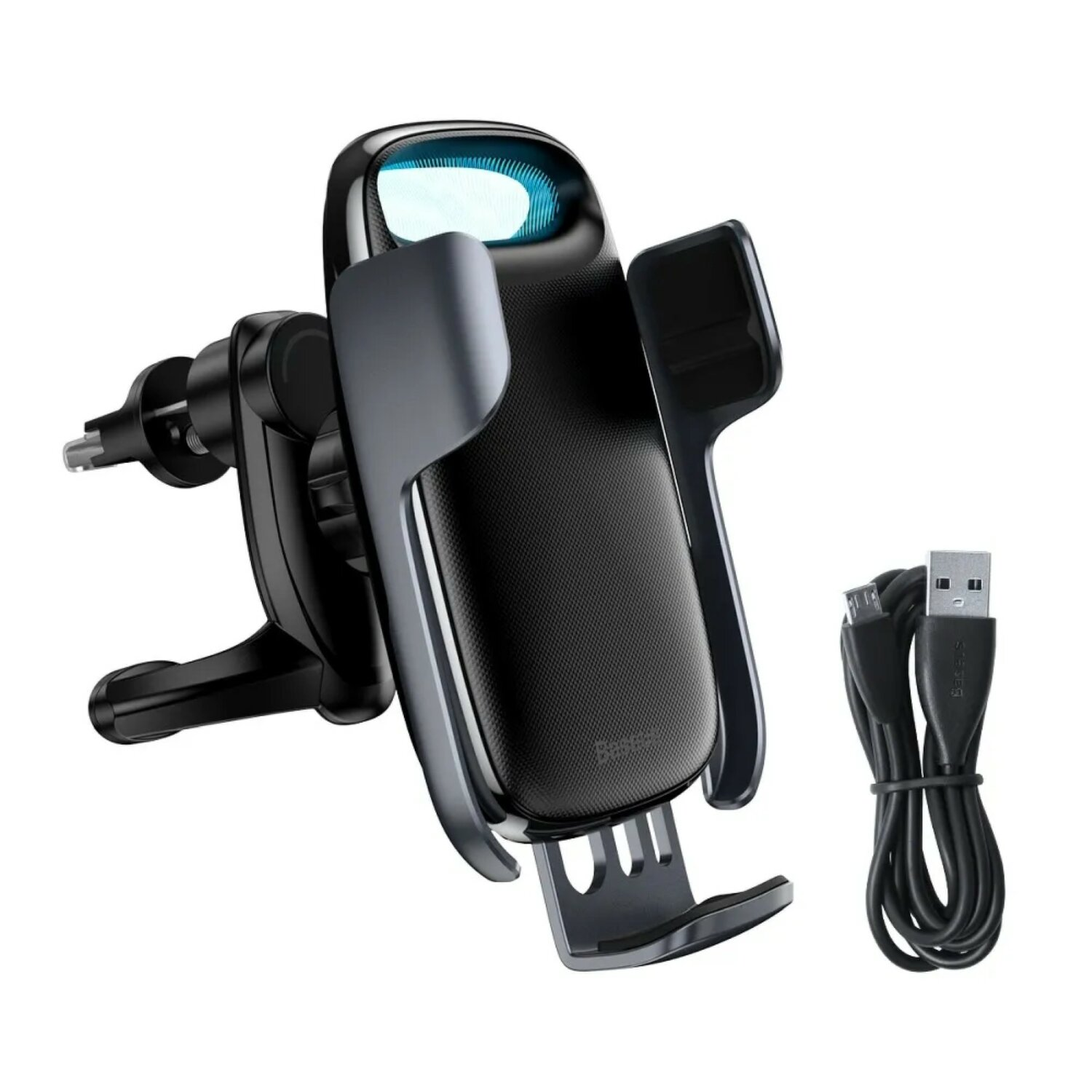 Schwarze Autotelefonhalterung mit USB-Kabel, isoliert auf weißem Hintergrund.