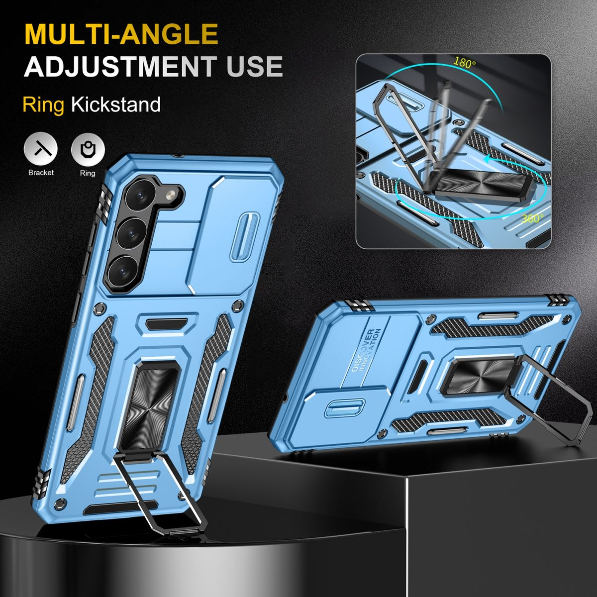 Blaue Handyhülle mit Ring-Kickstand und zwei weiteren Ansichten.