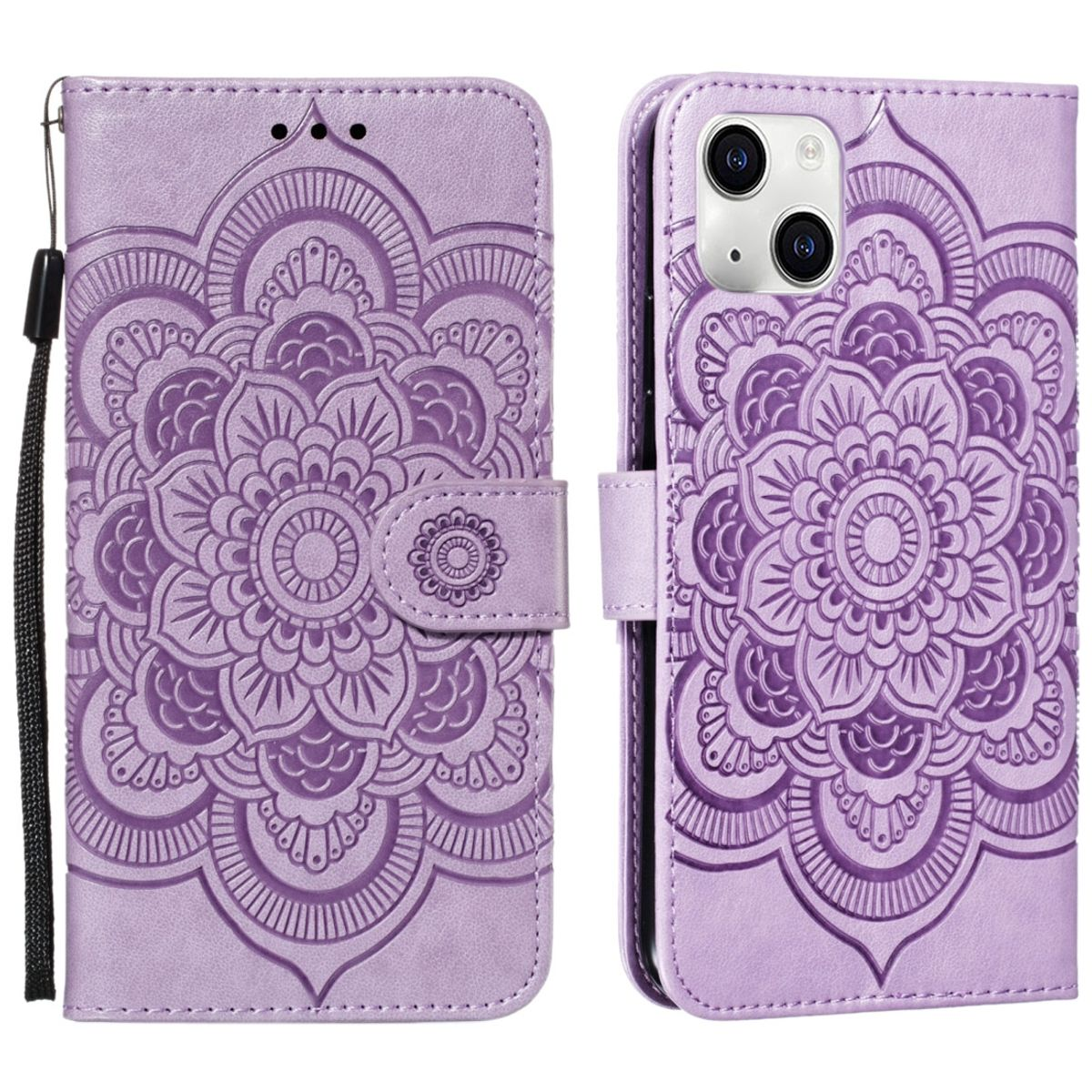 Lila Handyhülle mit Blumendesign, offen und geschlossen. Weißer Hintergrund.