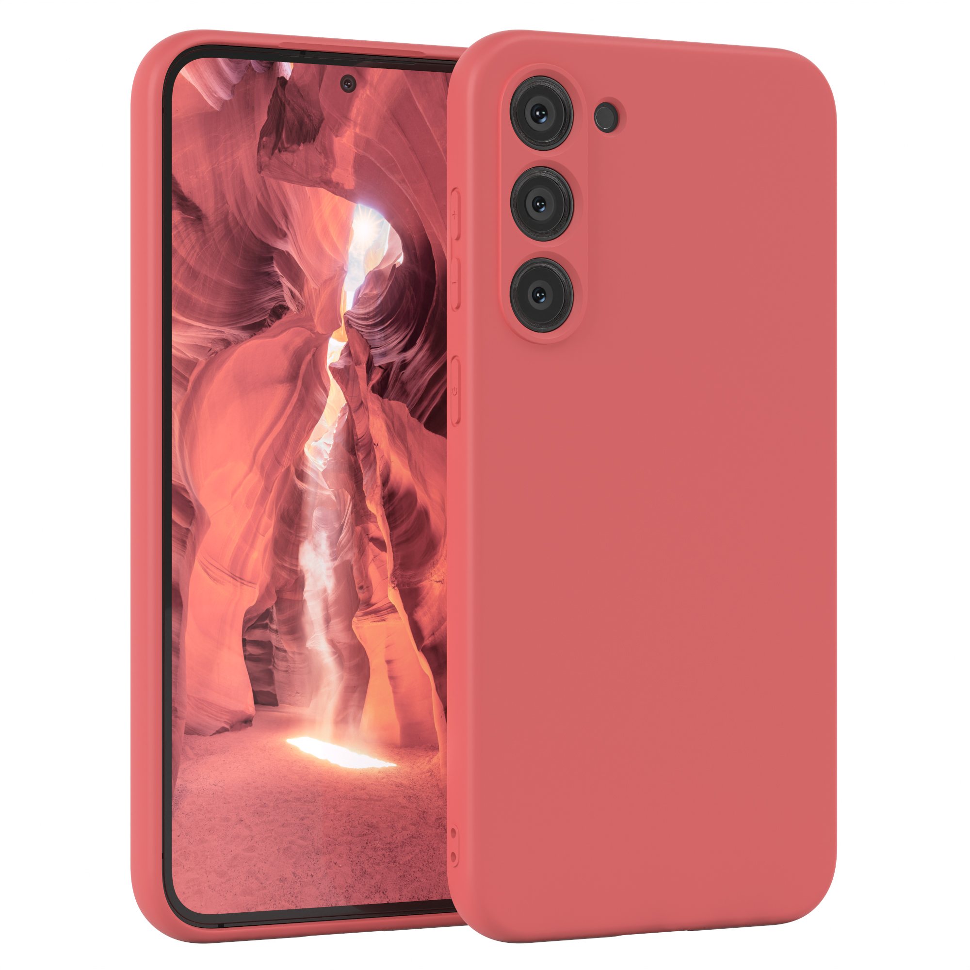Eine korallenfarbene Handyhülle mit Telefon, Studioaufnahme.