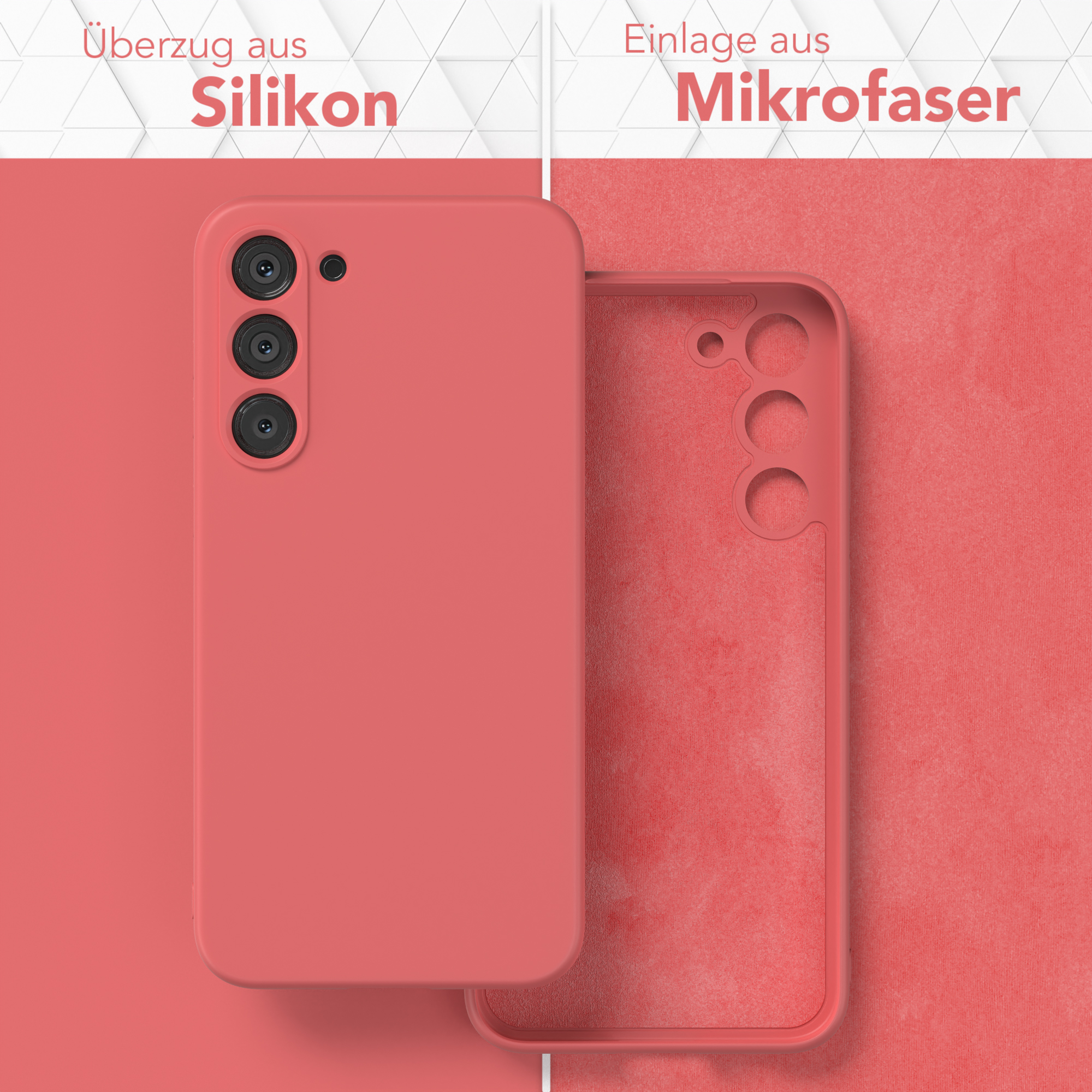 Zwei Hälften einer Handyhülle. Eine ist korallenfarben mit Silikonstruktur, die andere Mikrofaser.