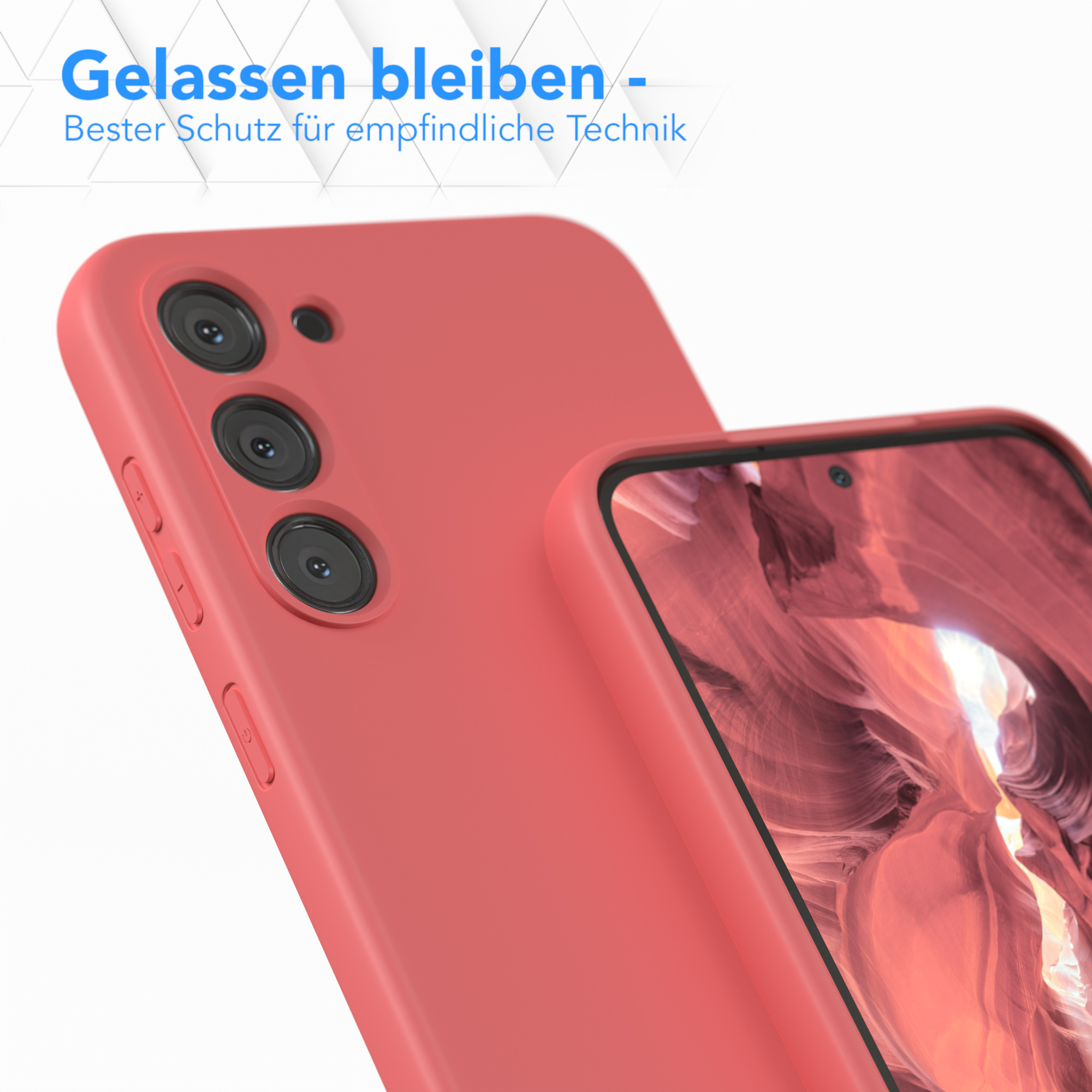 Eine rote Handyhülle mit einem Telefon darin. Die Hülle bedeckt die Kameralinsen.
