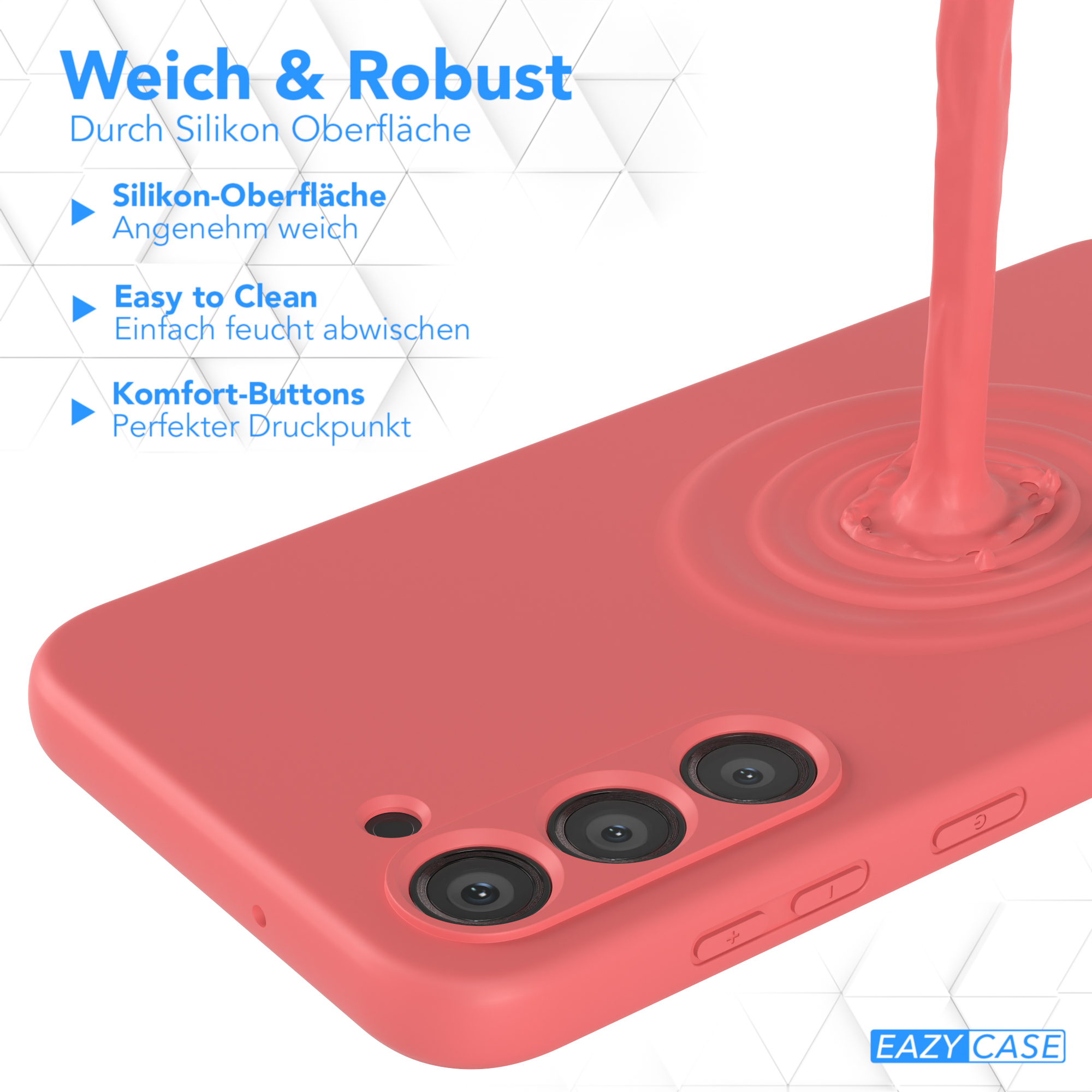 Eine rote Handyhülle mit einem Telefon darin. Die Hülle zeigt Funktionen wie leicht zu reinigen und Komfort-Tasten.