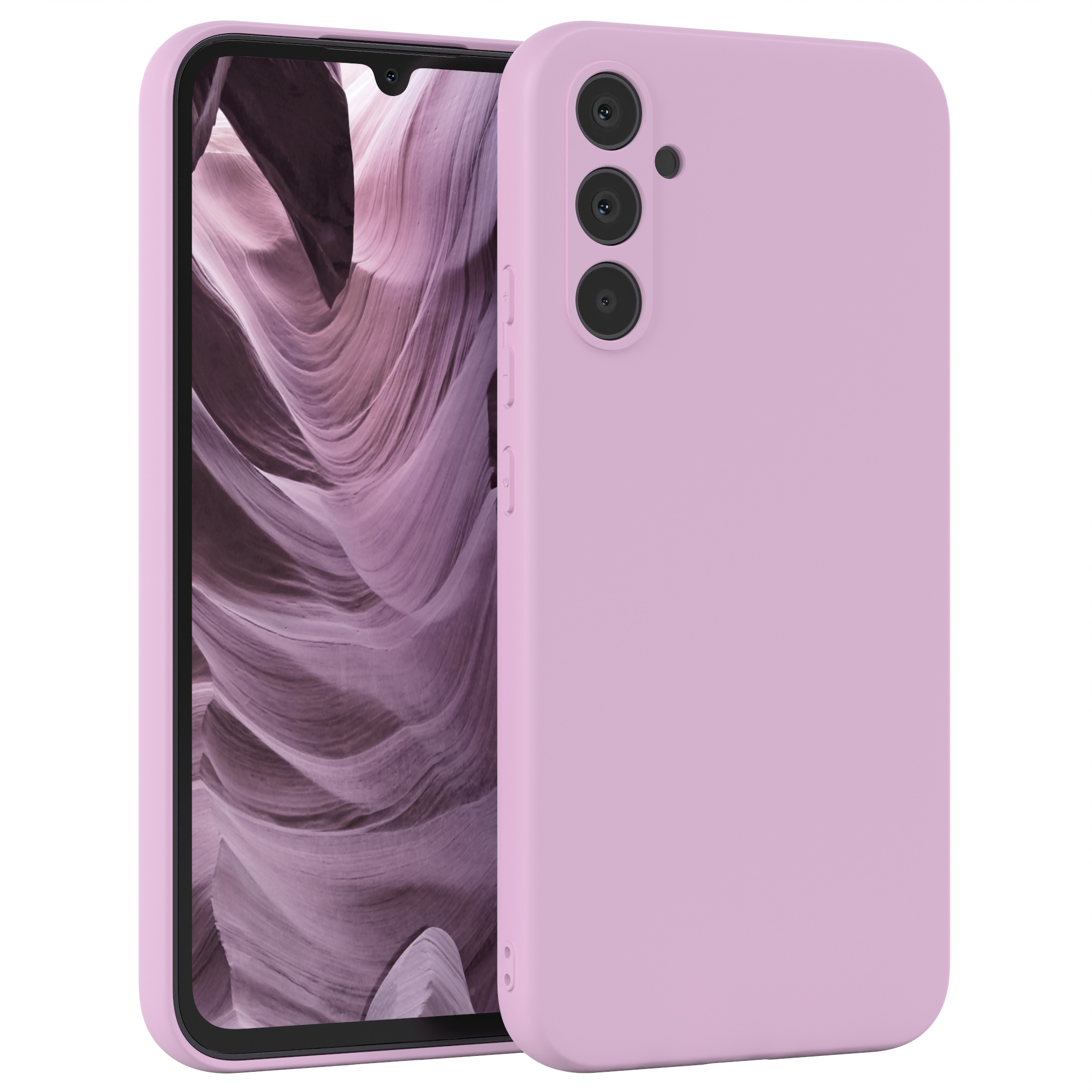 Ein pinkfarbenes Telefon mit drei Kameras auf der Rückseite, der Bildschirm ist sichtbar.