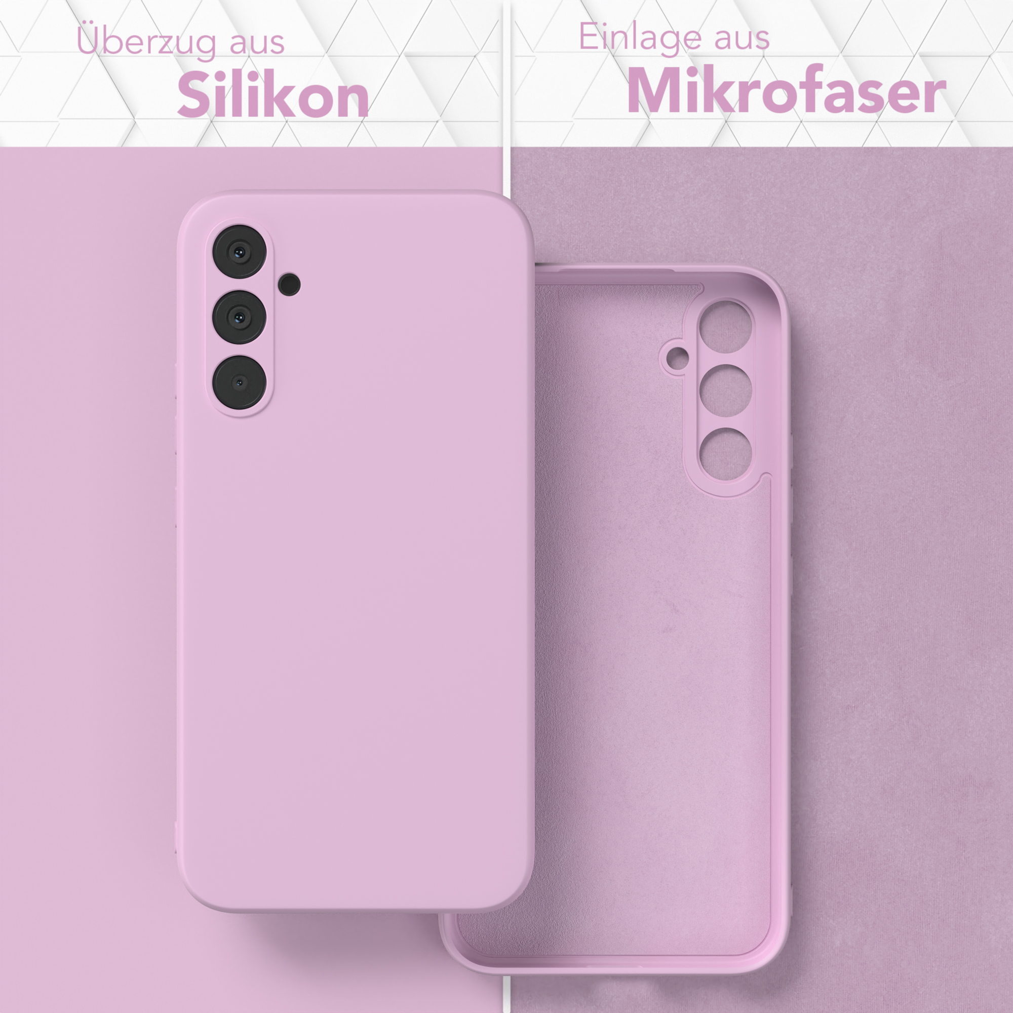 Rosa Handyhülle, geöffnet, mit Silikon außen und Mikrofaser innen, Produktbeschreibung.